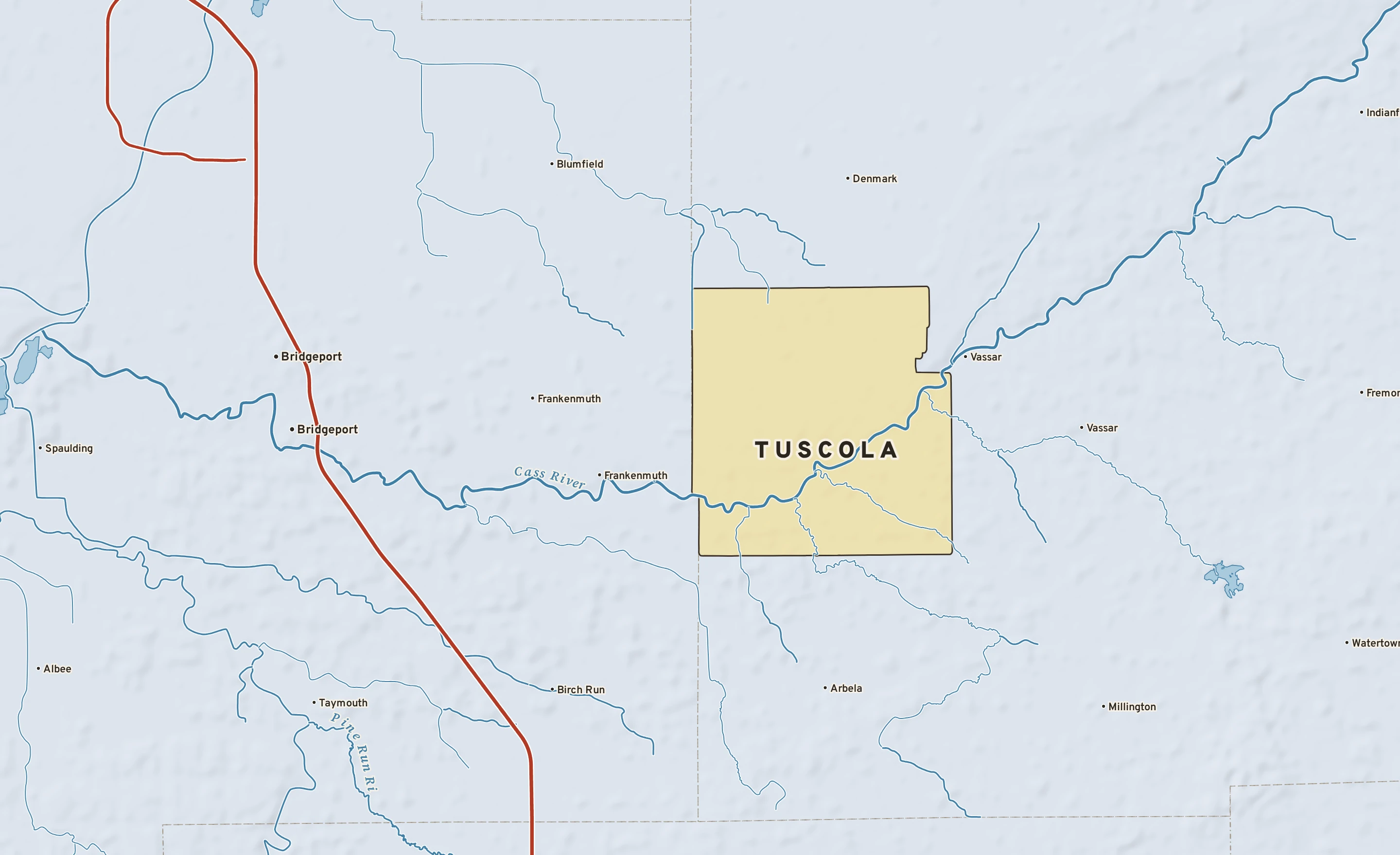 Shaded-relief atlas plate of Tuscola, Michigan: rivers, roads, the city limits and where the water drains.