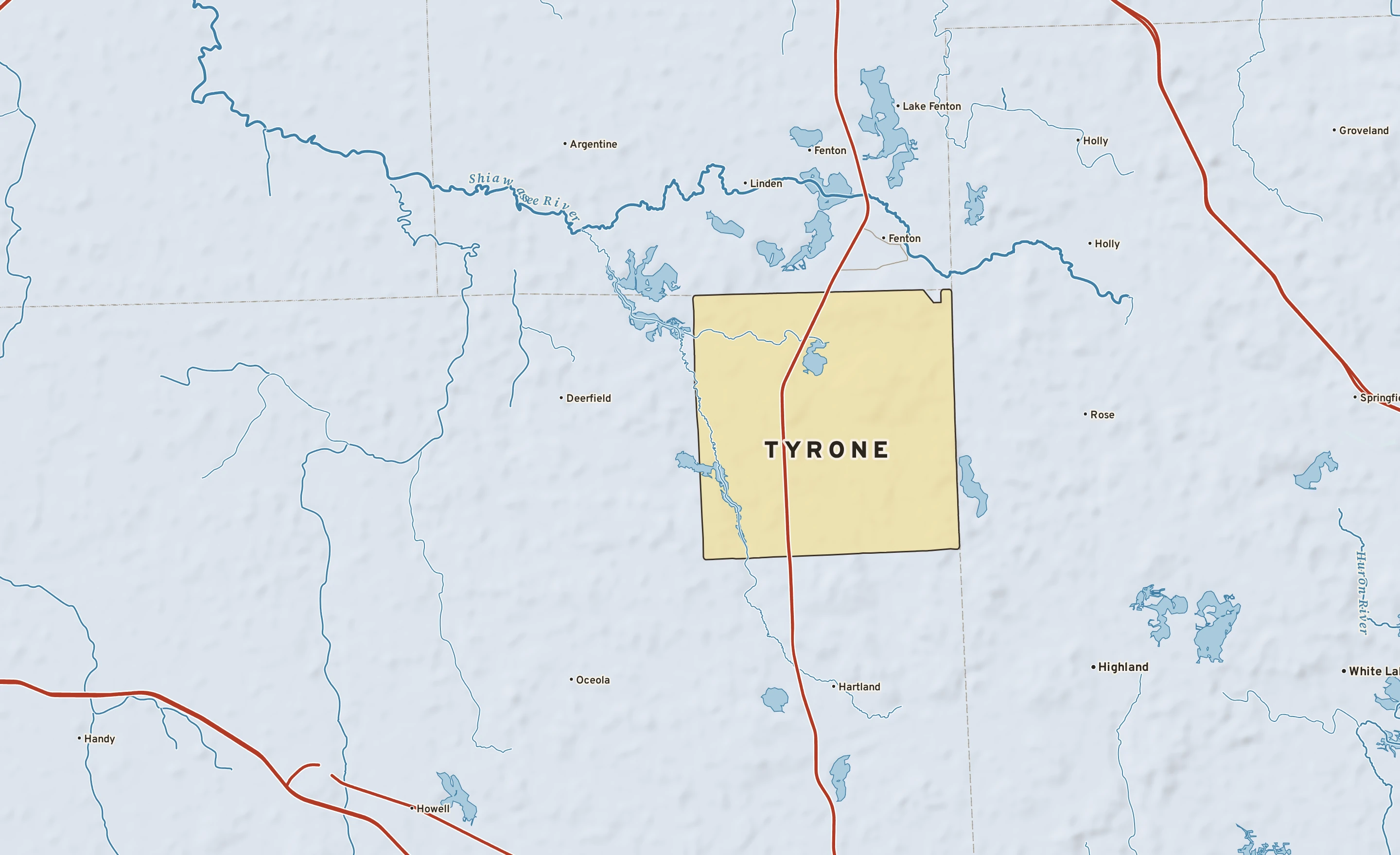 Shaded-relief atlas plate of Tyrone, Michigan: rivers, roads, the city limits and where the water drains.