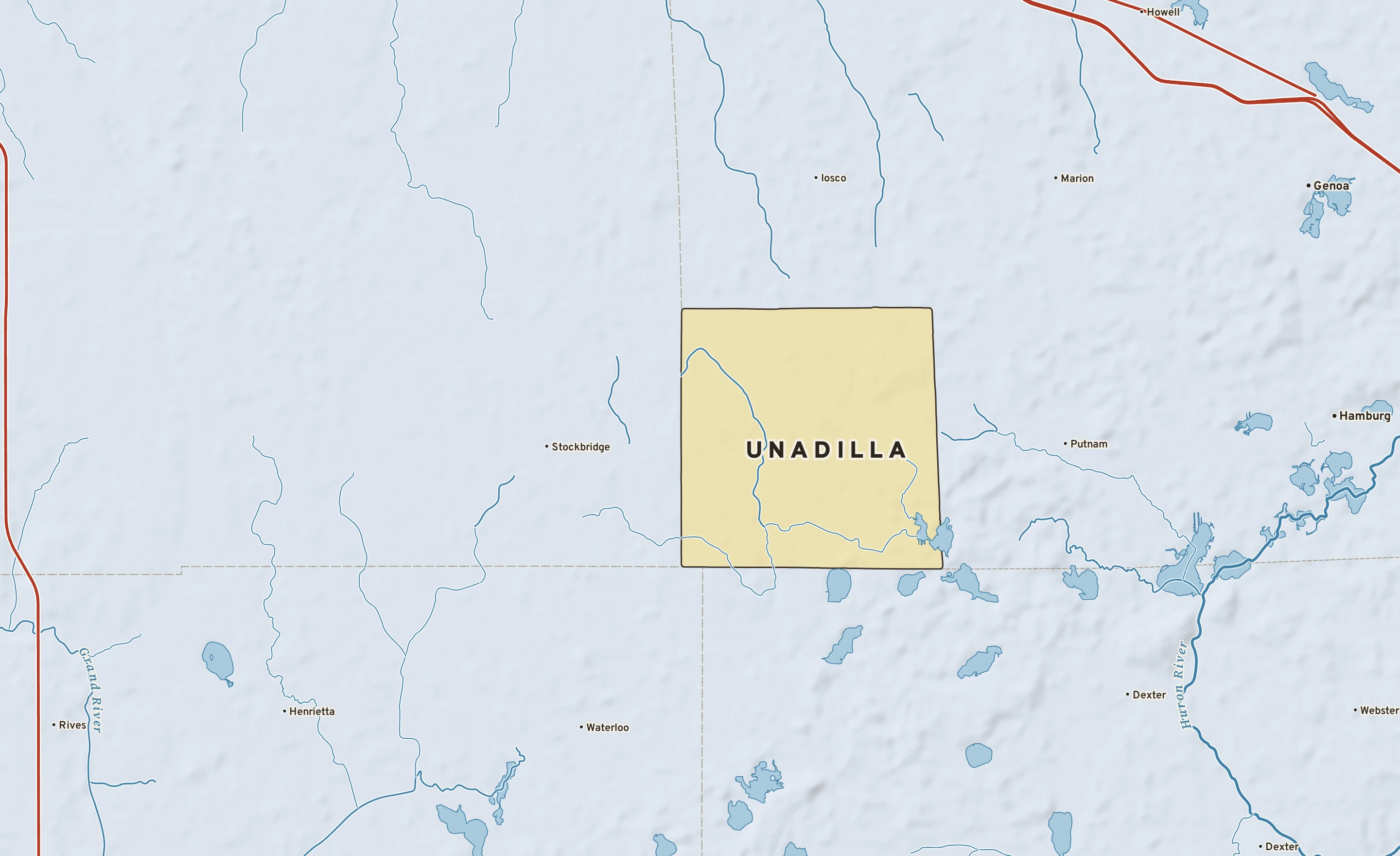Shaded-relief atlas plate of Unadilla, Michigan: rivers, roads, the city limits and where the water drains.