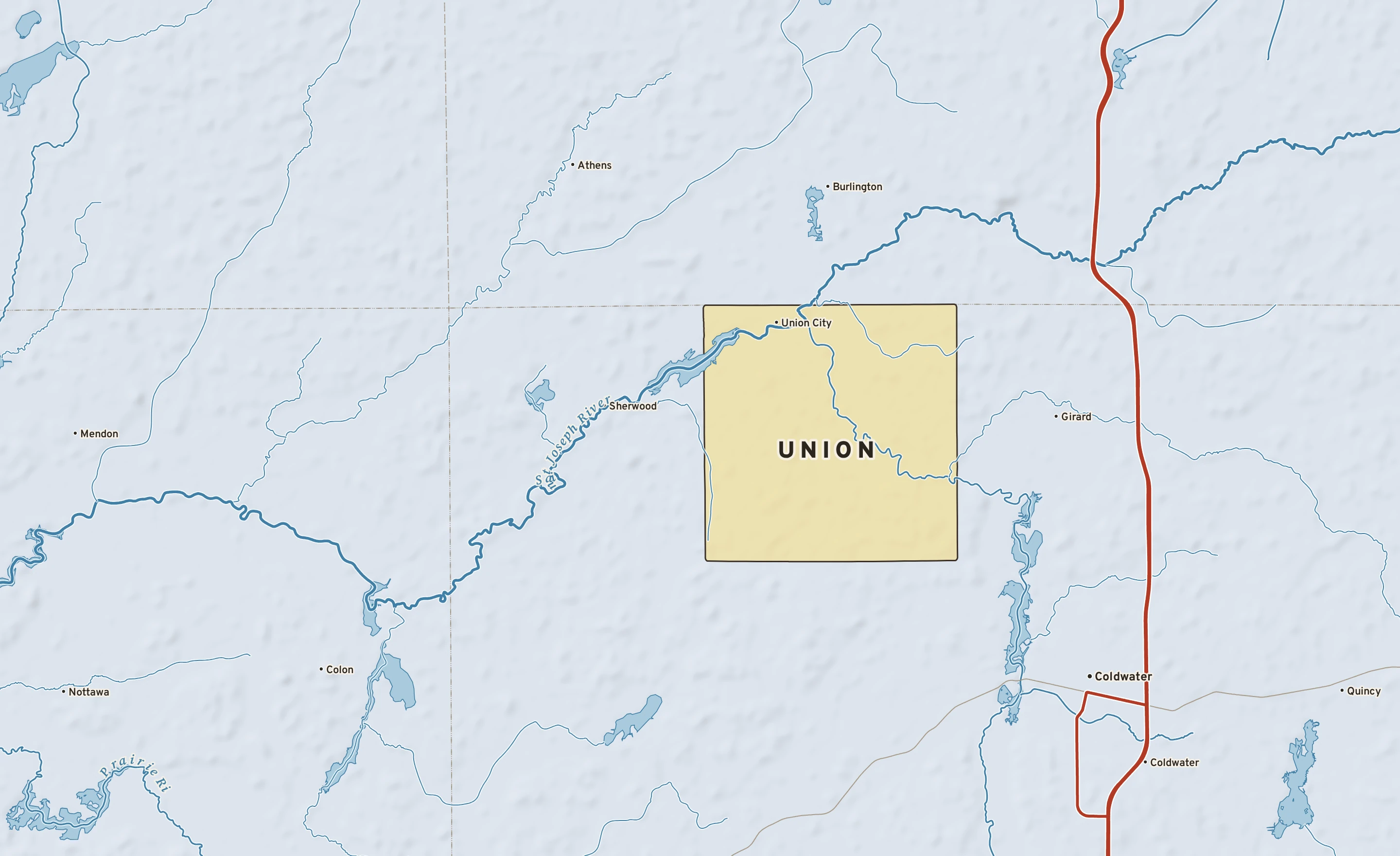 Shaded-relief atlas plate of Union, Michigan: rivers, roads, the city limits and where the water drains.