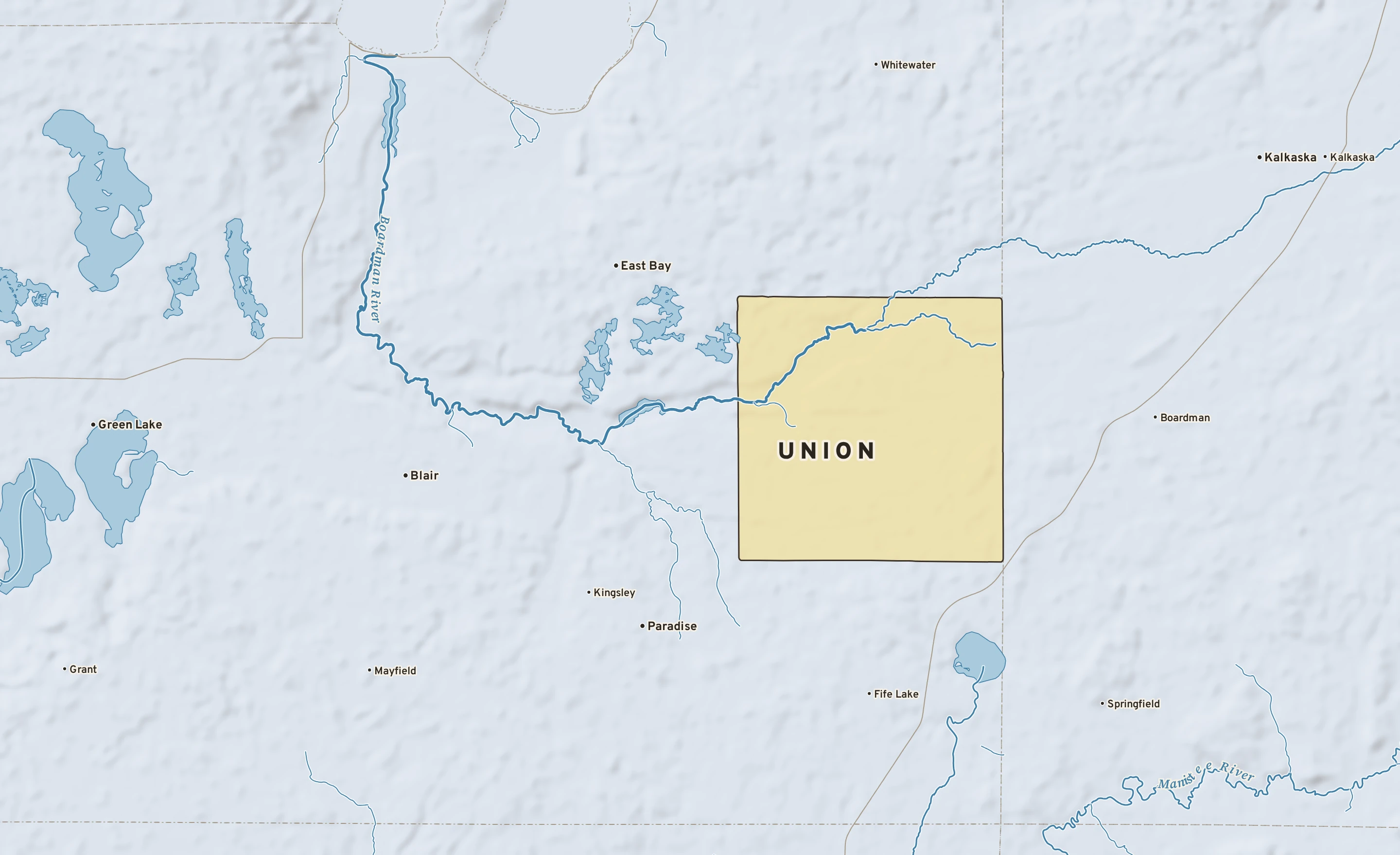 Shaded-relief atlas plate of Union, Michigan: rivers, roads, the city limits and where the water drains.
