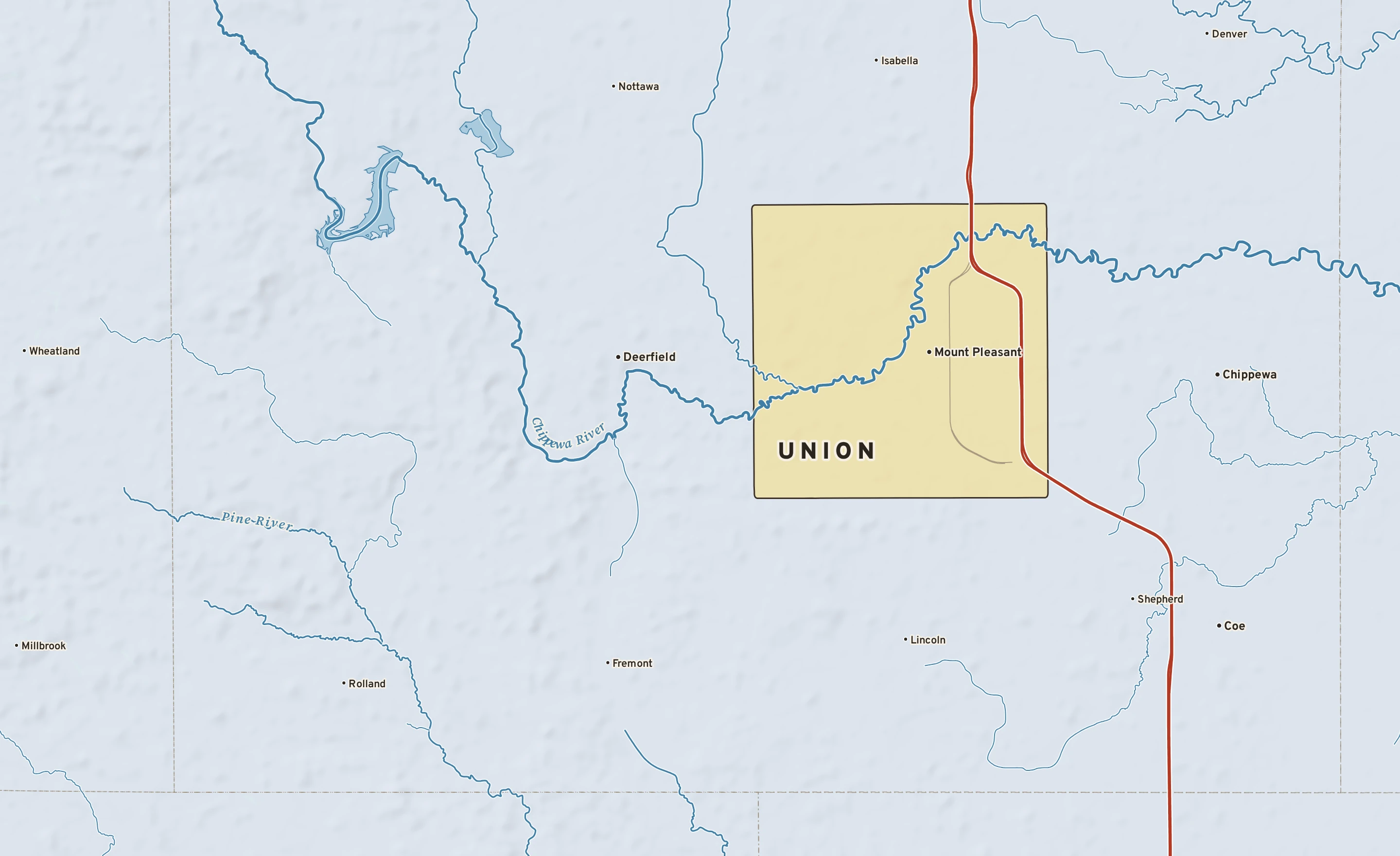 Shaded-relief atlas plate of Union, Michigan: rivers, roads, the city limits and where the water drains.