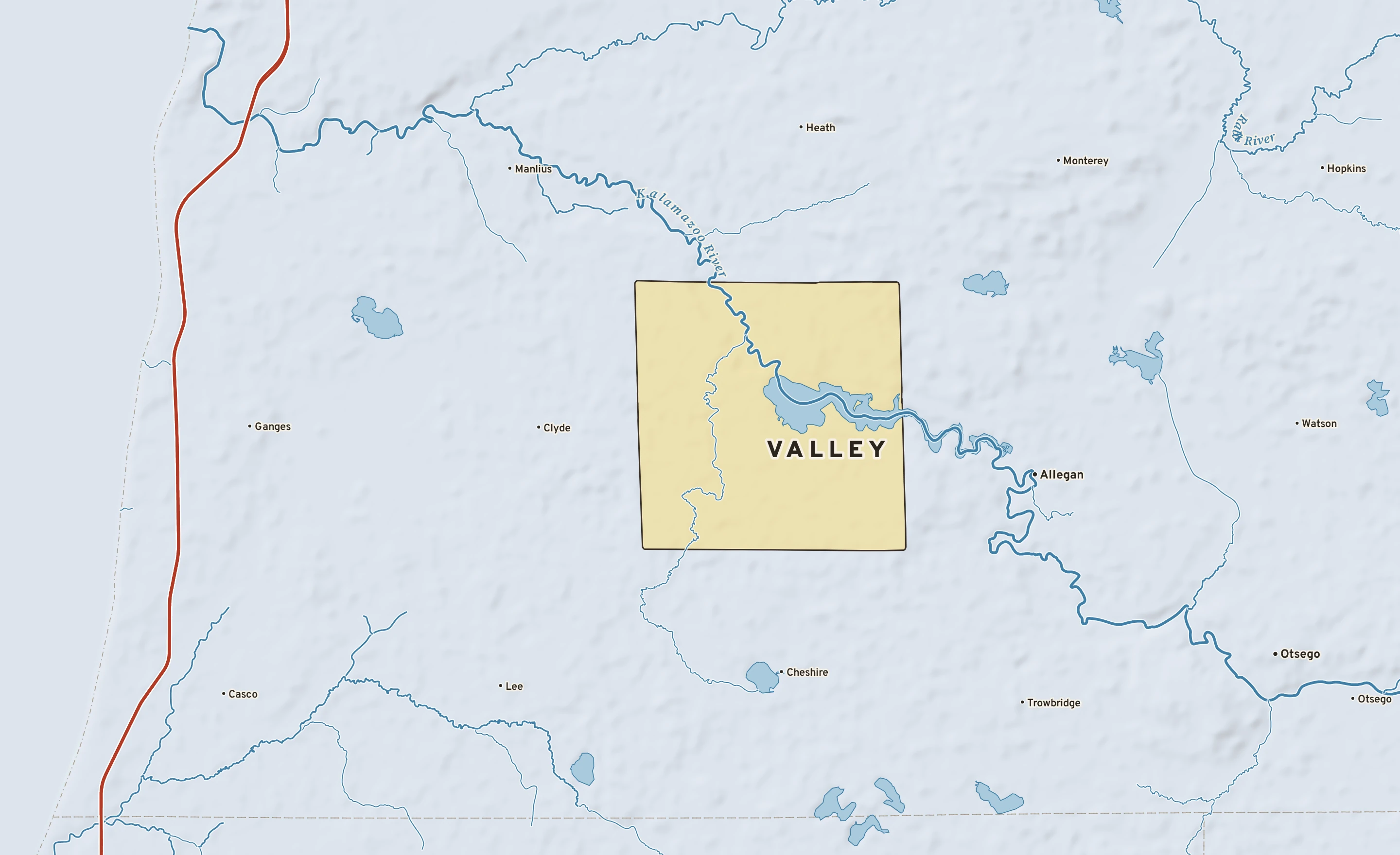 Shaded-relief atlas plate of Valley, Michigan: rivers, roads, the city limits and where the water drains.
