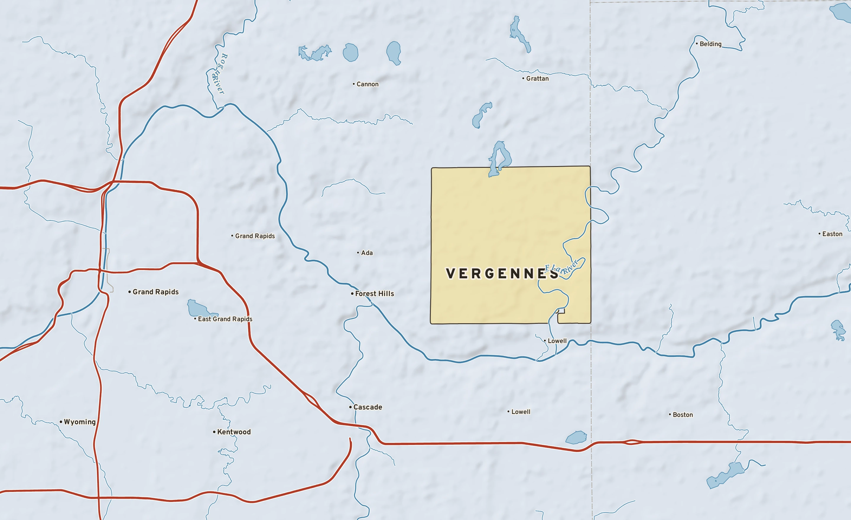 Shaded-relief atlas plate of Vergennes, Michigan: rivers, roads, the city limits and where the water drains.