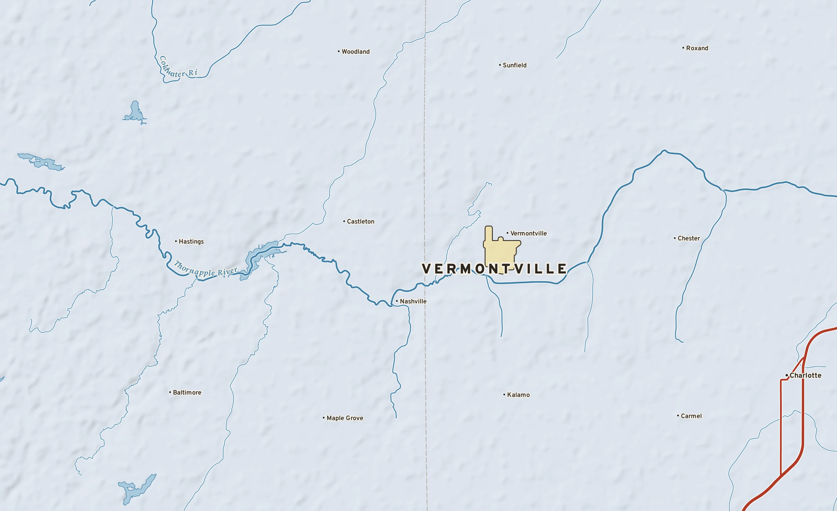 Shaded-relief atlas plate of Vermontville, Michigan: rivers, roads, the city limits and where the water drains.
