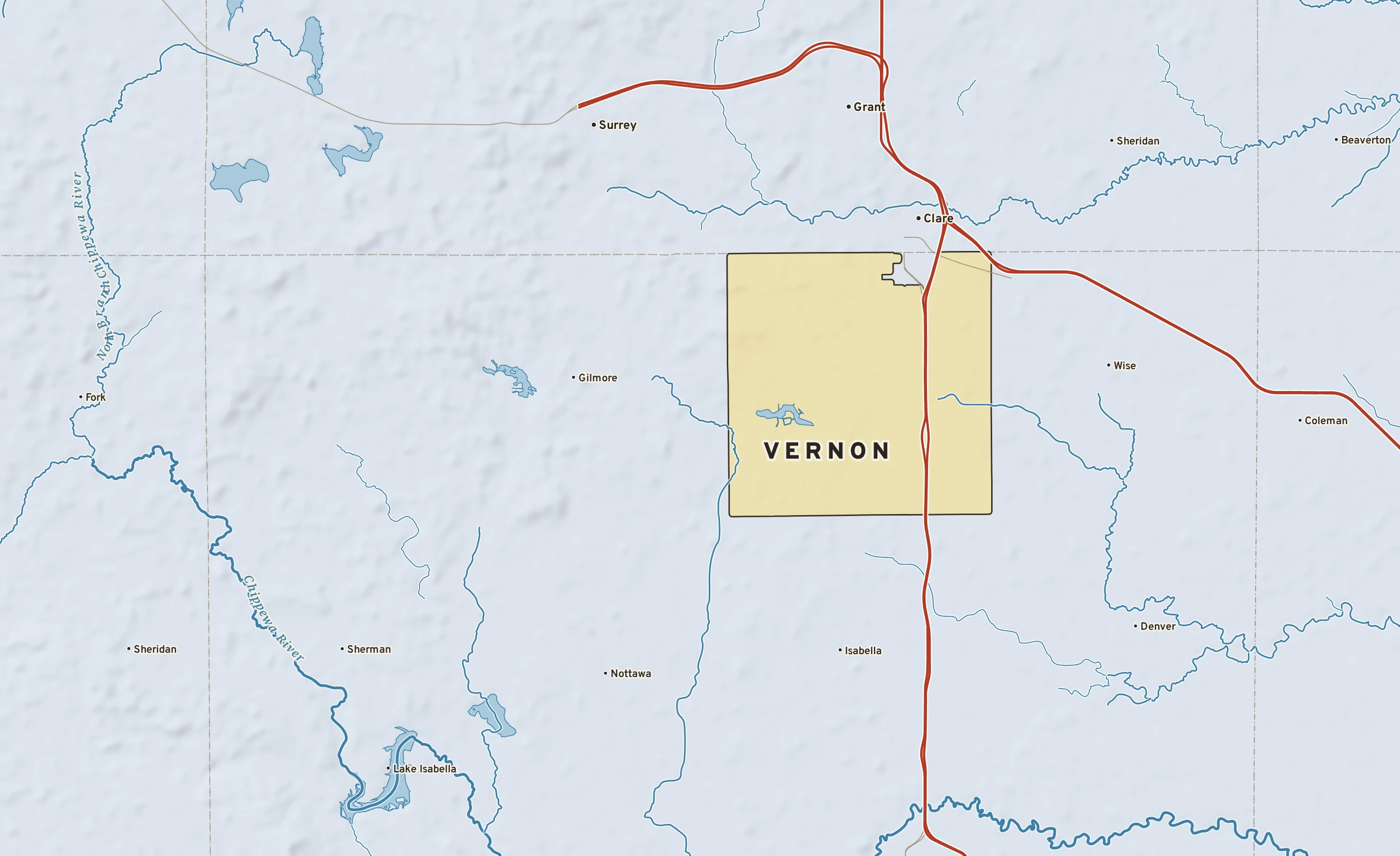 Shaded-relief atlas plate of Vernon, Michigan: rivers, roads, the city limits and where the water drains.