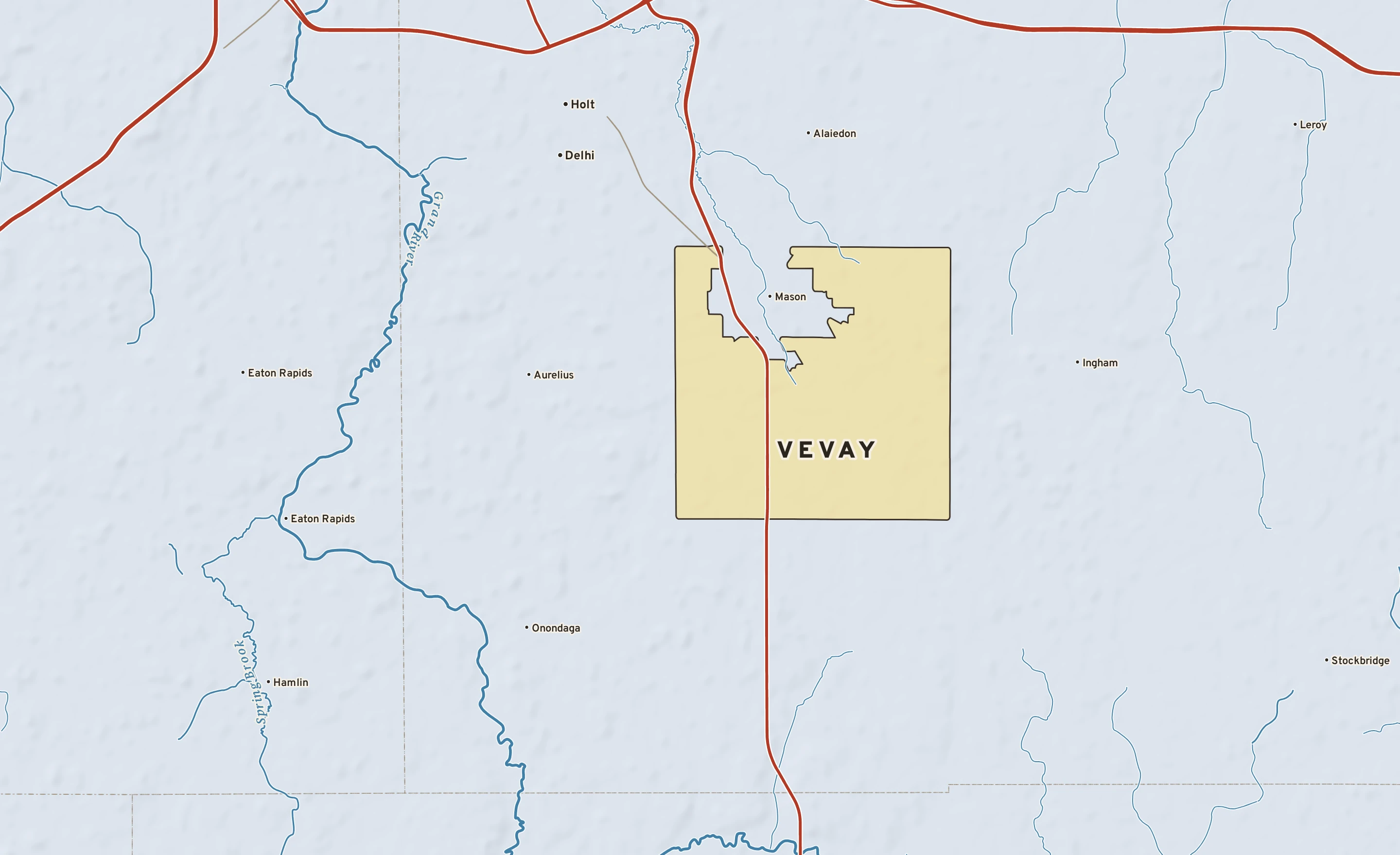 Shaded-relief atlas plate of Vevay, Michigan: rivers, roads, the city limits and where the water drains.