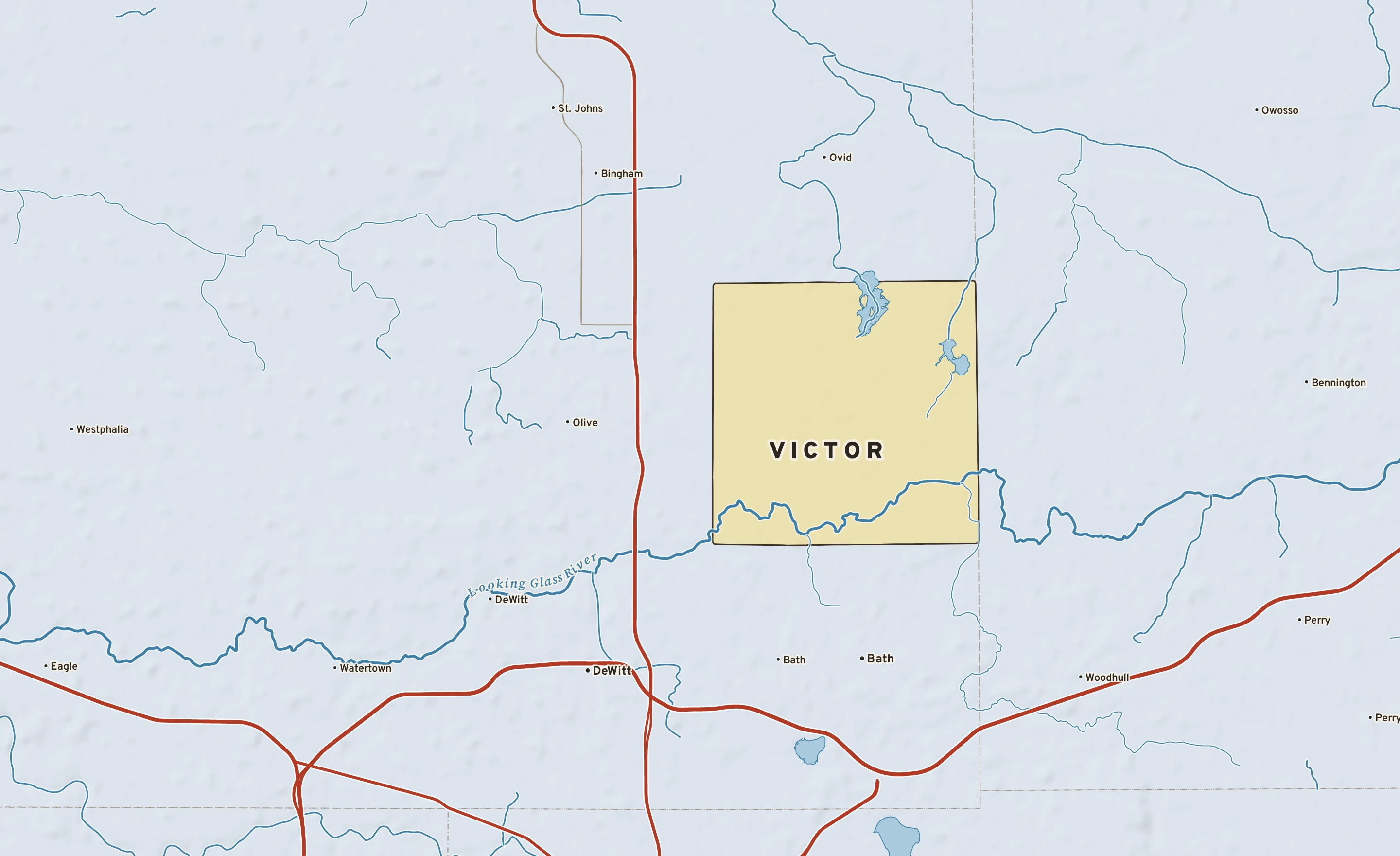 Shaded-relief atlas plate of Victor, Michigan: rivers, roads, the city limits and where the water drains.