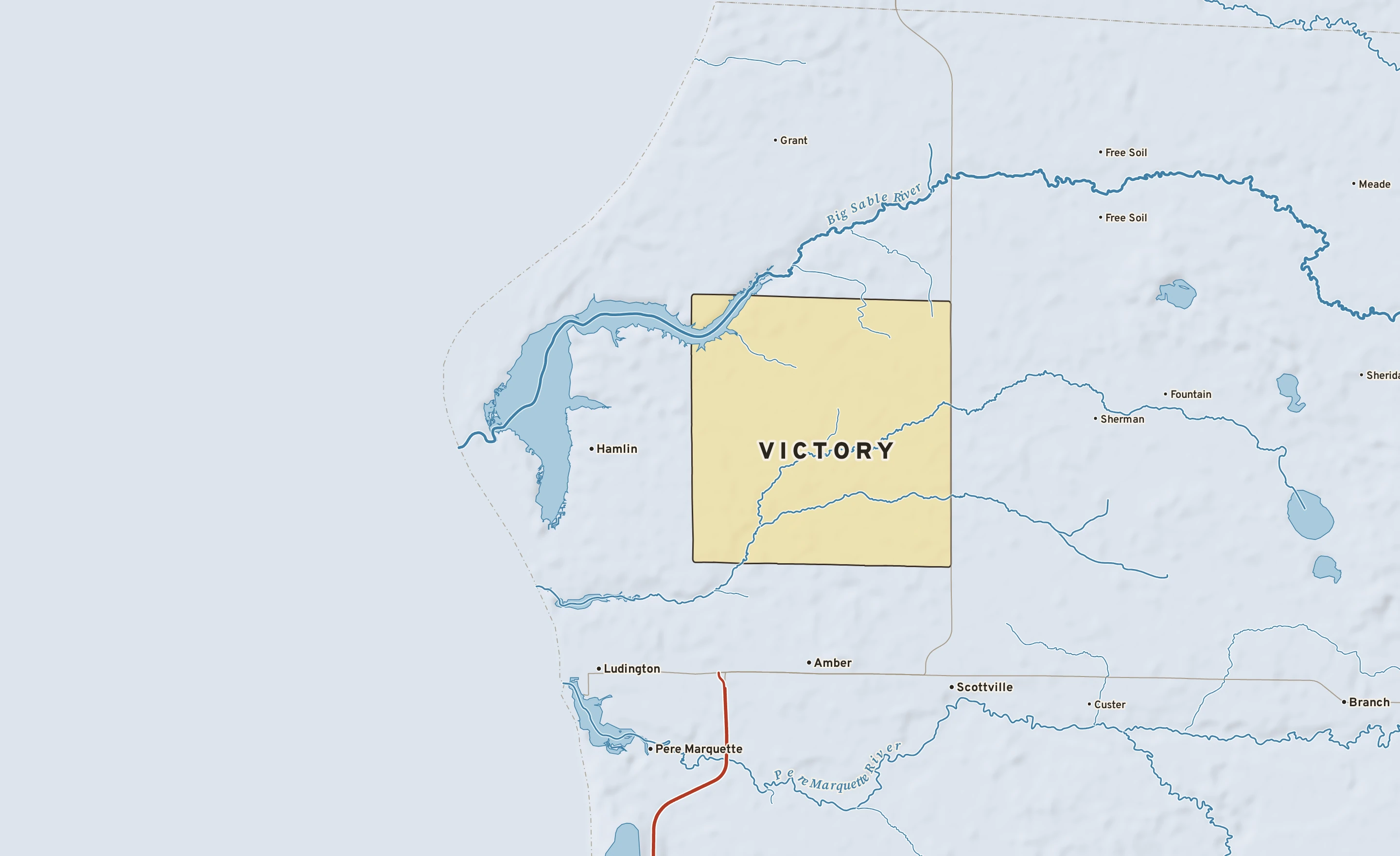 Shaded-relief atlas plate of Victory, Michigan: rivers, roads, the city limits and where the water drains.