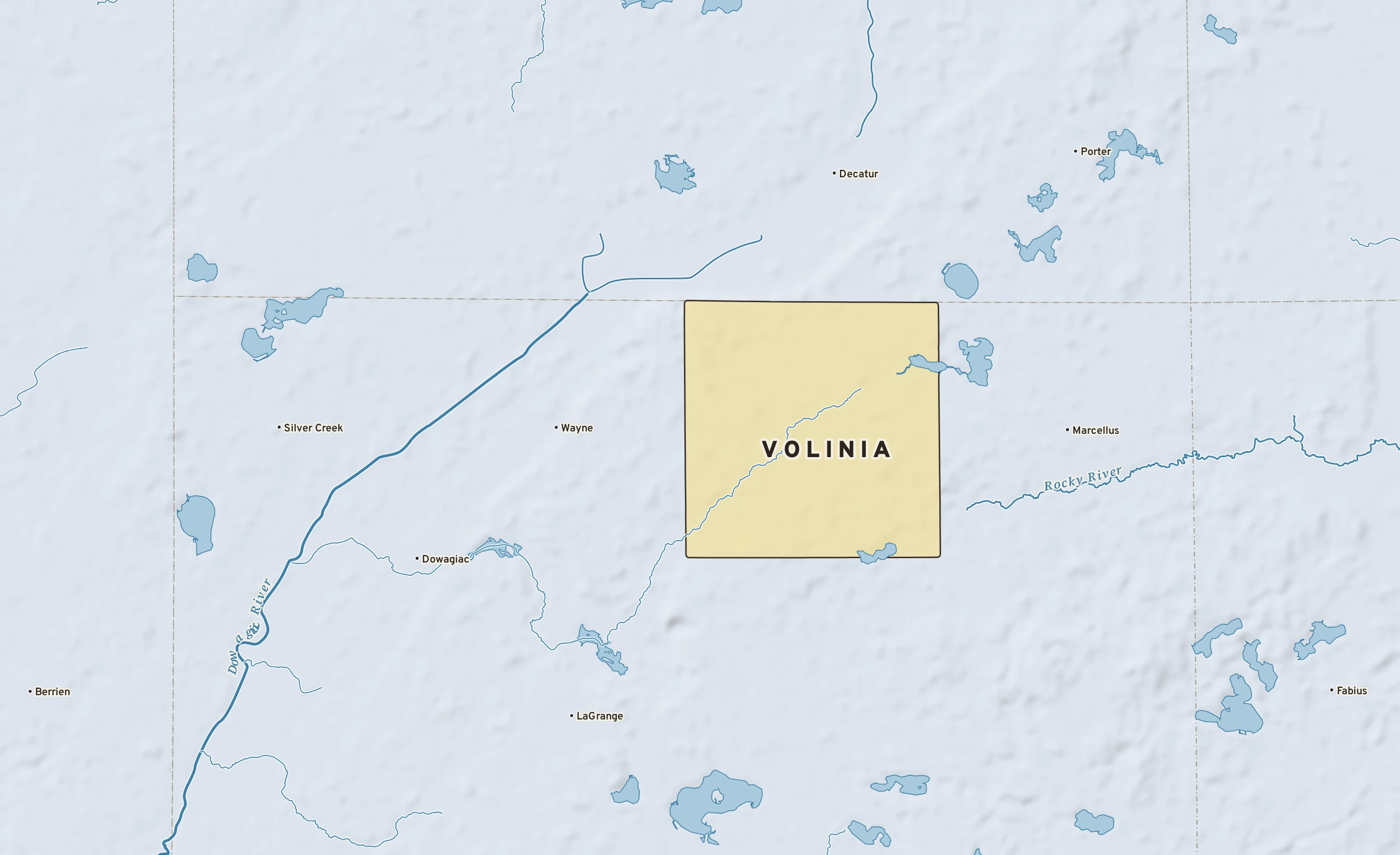 Shaded-relief atlas plate of Volinia, Michigan: rivers, roads, the city limits and where the water drains.
