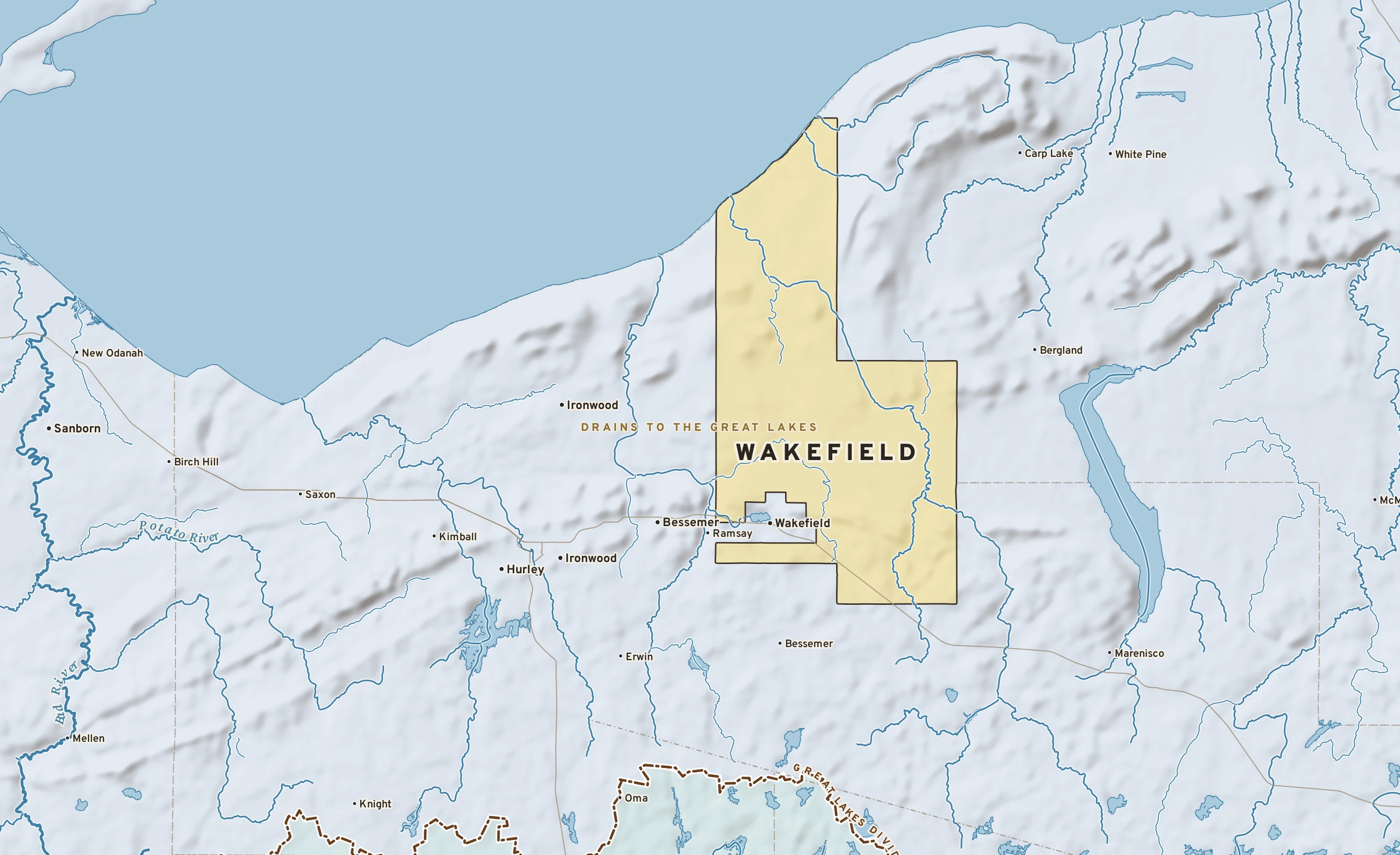 Shaded-relief atlas plate of Wakefield, Michigan: rivers, roads, the city limits and where the water drains.