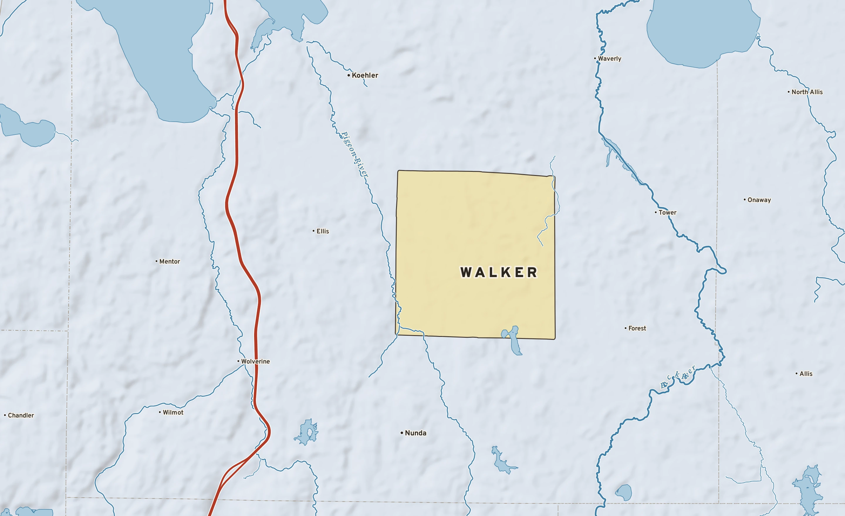 Shaded-relief atlas plate of Walker, Michigan: rivers, roads, the city limits and where the water drains.