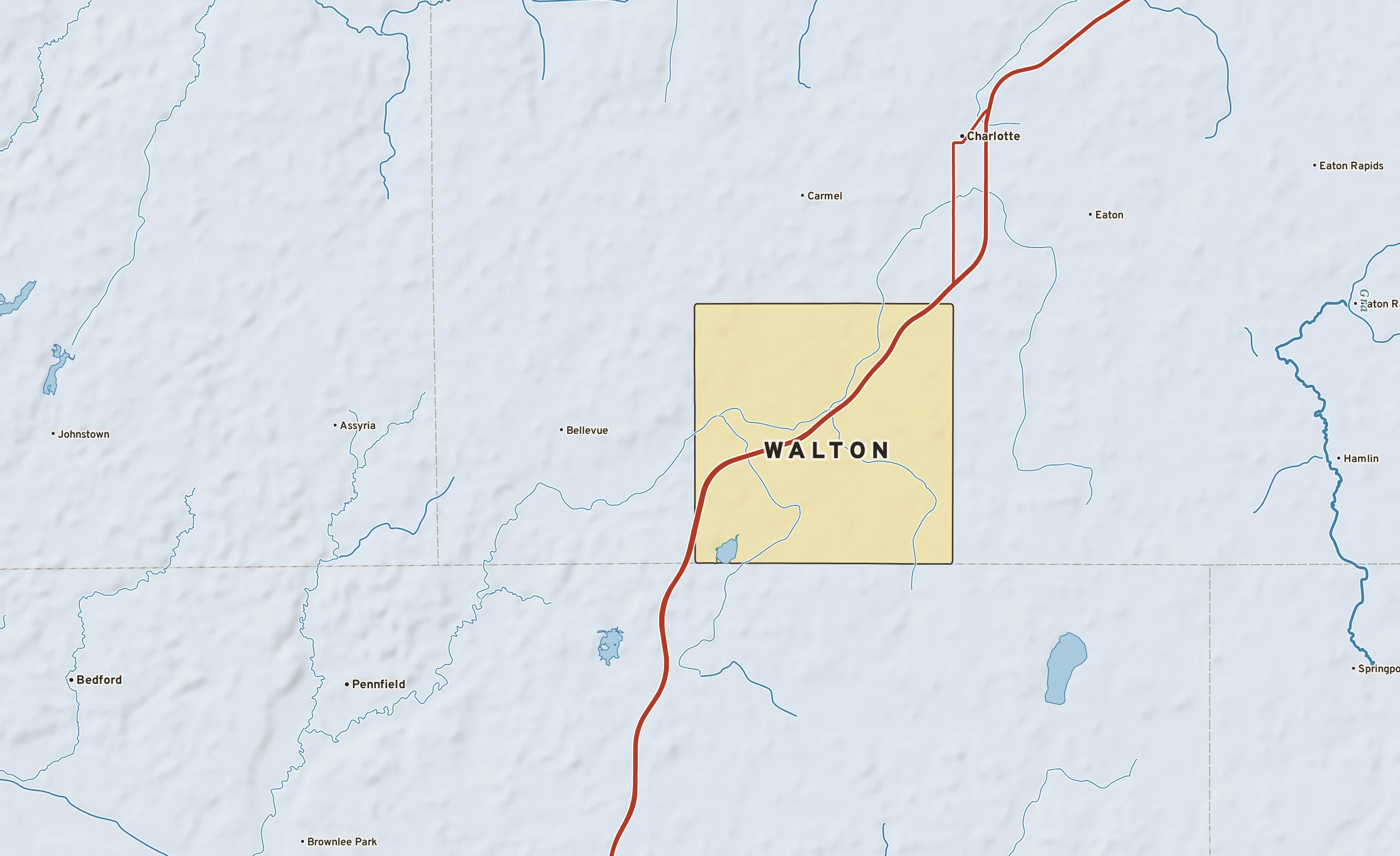 Shaded-relief atlas plate of Walton, Michigan: rivers, roads, the city limits and where the water drains.