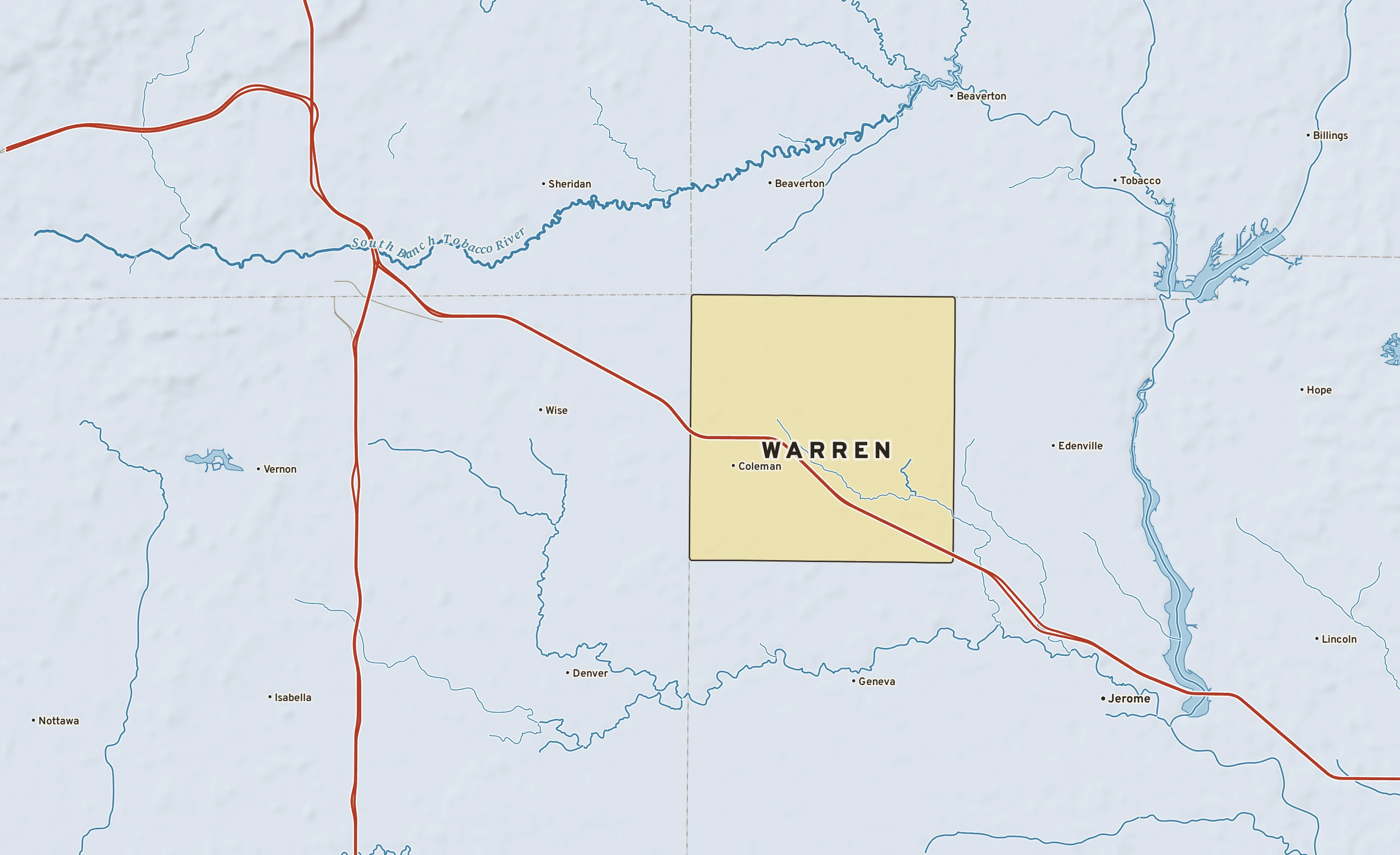 Shaded-relief atlas plate of Warren, Michigan: rivers, roads, the city limits and where the water drains.