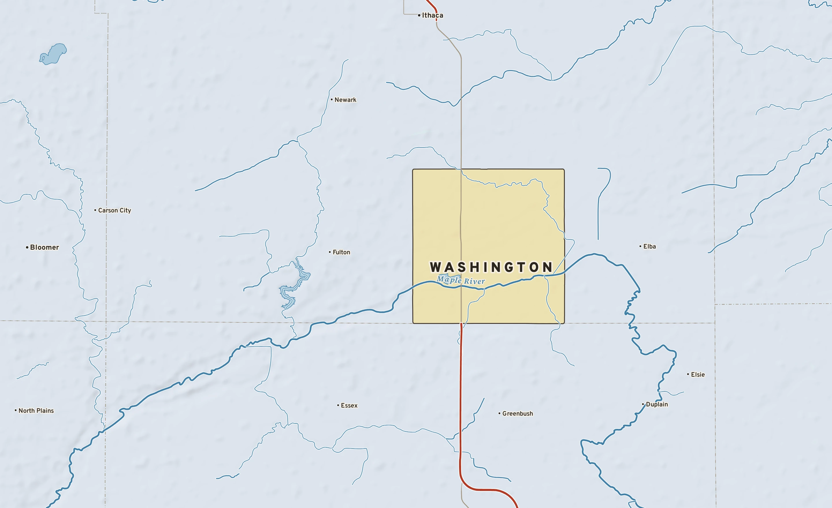 Shaded-relief atlas plate of Washington, Michigan: rivers, roads, the city limits and where the water drains.