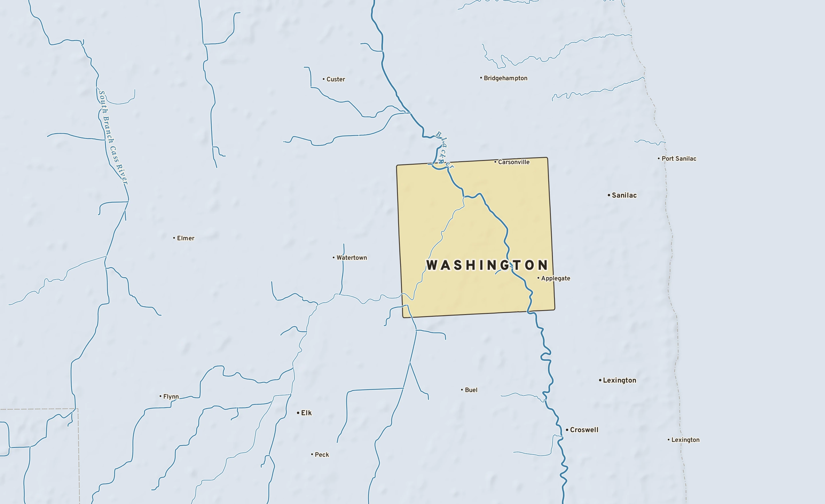 Shaded-relief atlas plate of Washington, Michigan: rivers, roads, the city limits and where the water drains.