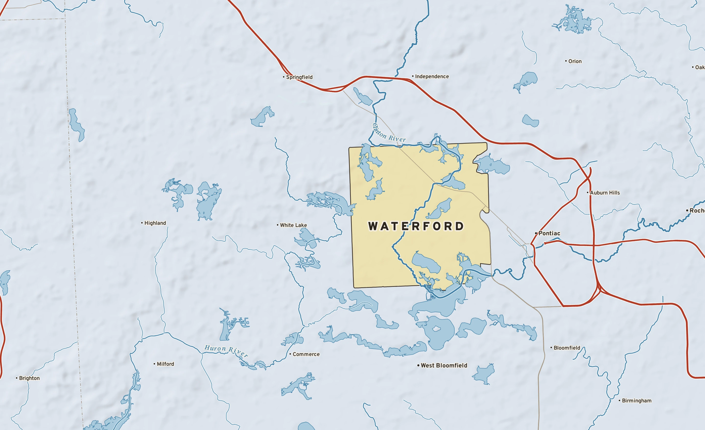 Shaded-relief atlas plate of Waterford, Michigan: rivers, roads, the city limits and where the water drains.