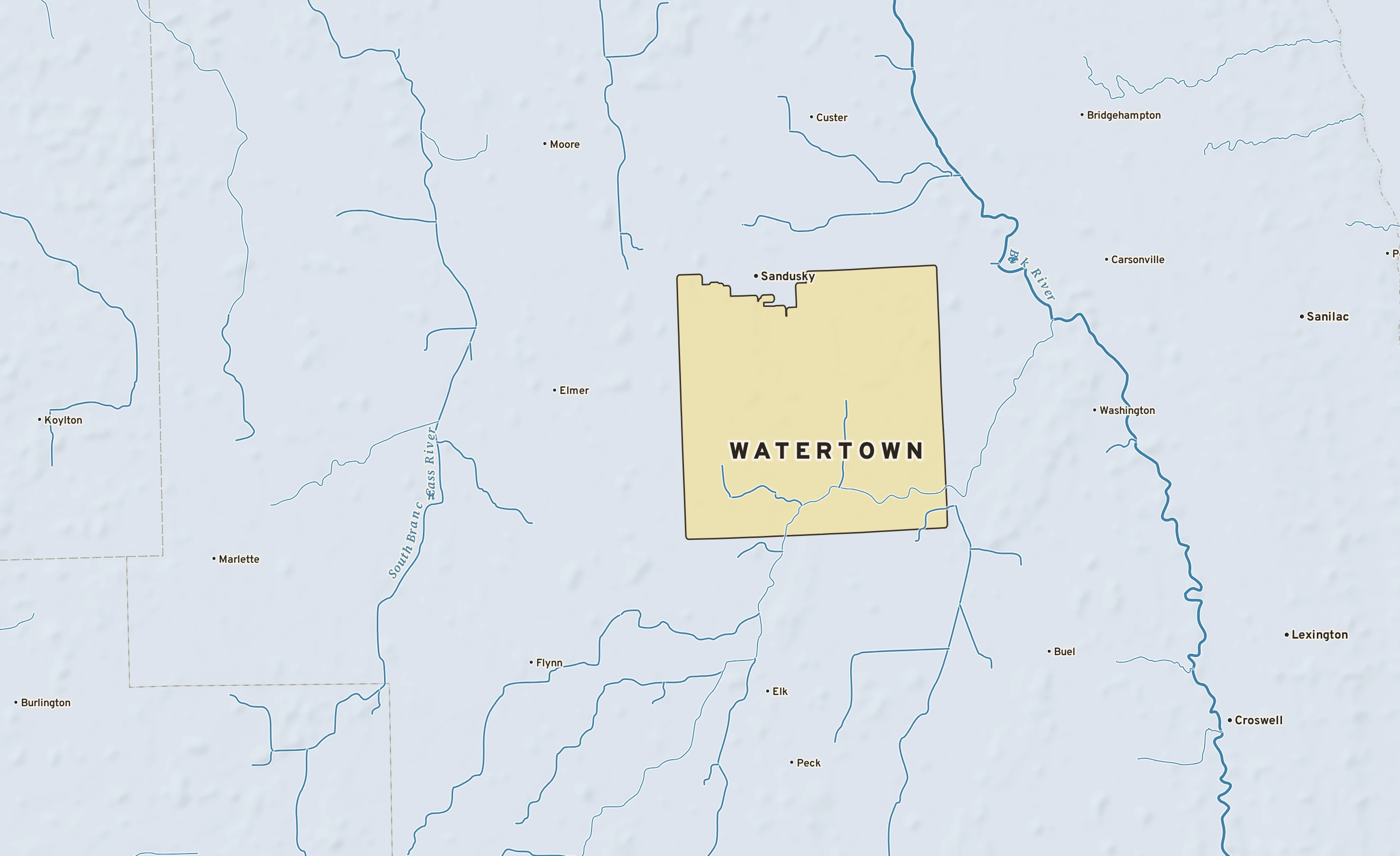 Shaded-relief atlas plate of Watertown, Michigan: rivers, roads, the city limits and where the water drains.