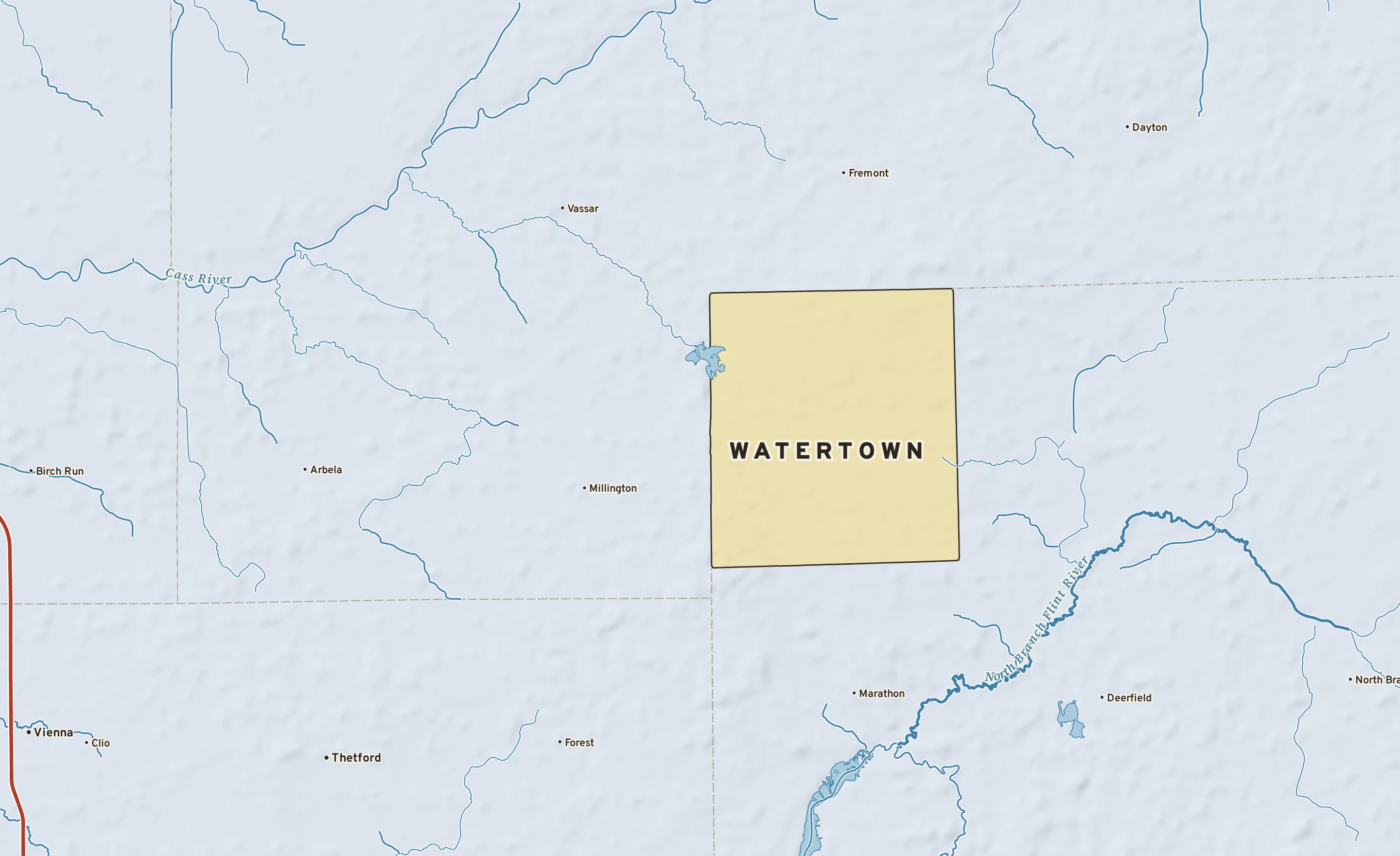Shaded-relief atlas plate of Watertown, Michigan: rivers, roads, the city limits and where the water drains.