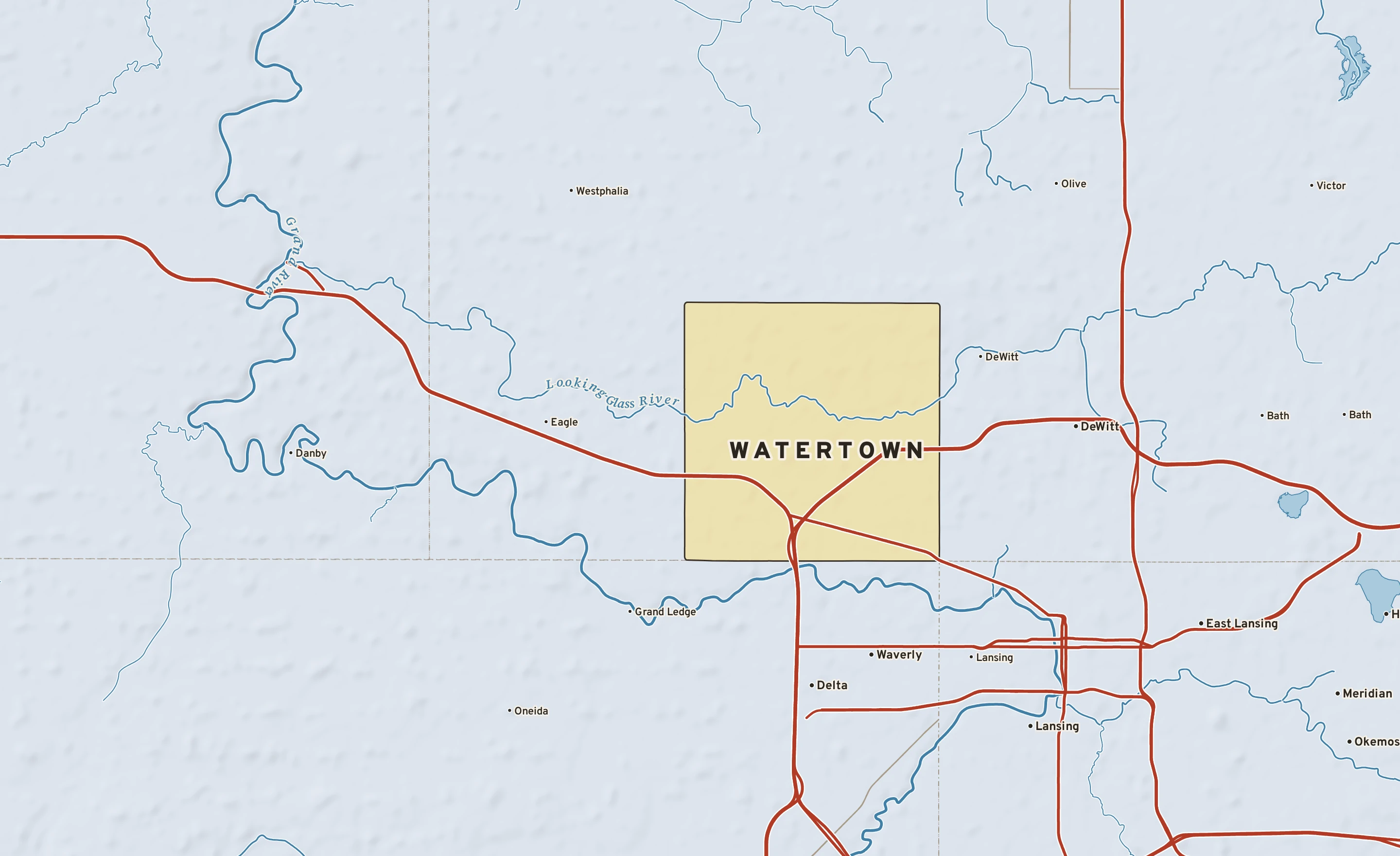 Shaded-relief atlas plate of Watertown, Michigan: rivers, roads, the city limits and where the water drains.