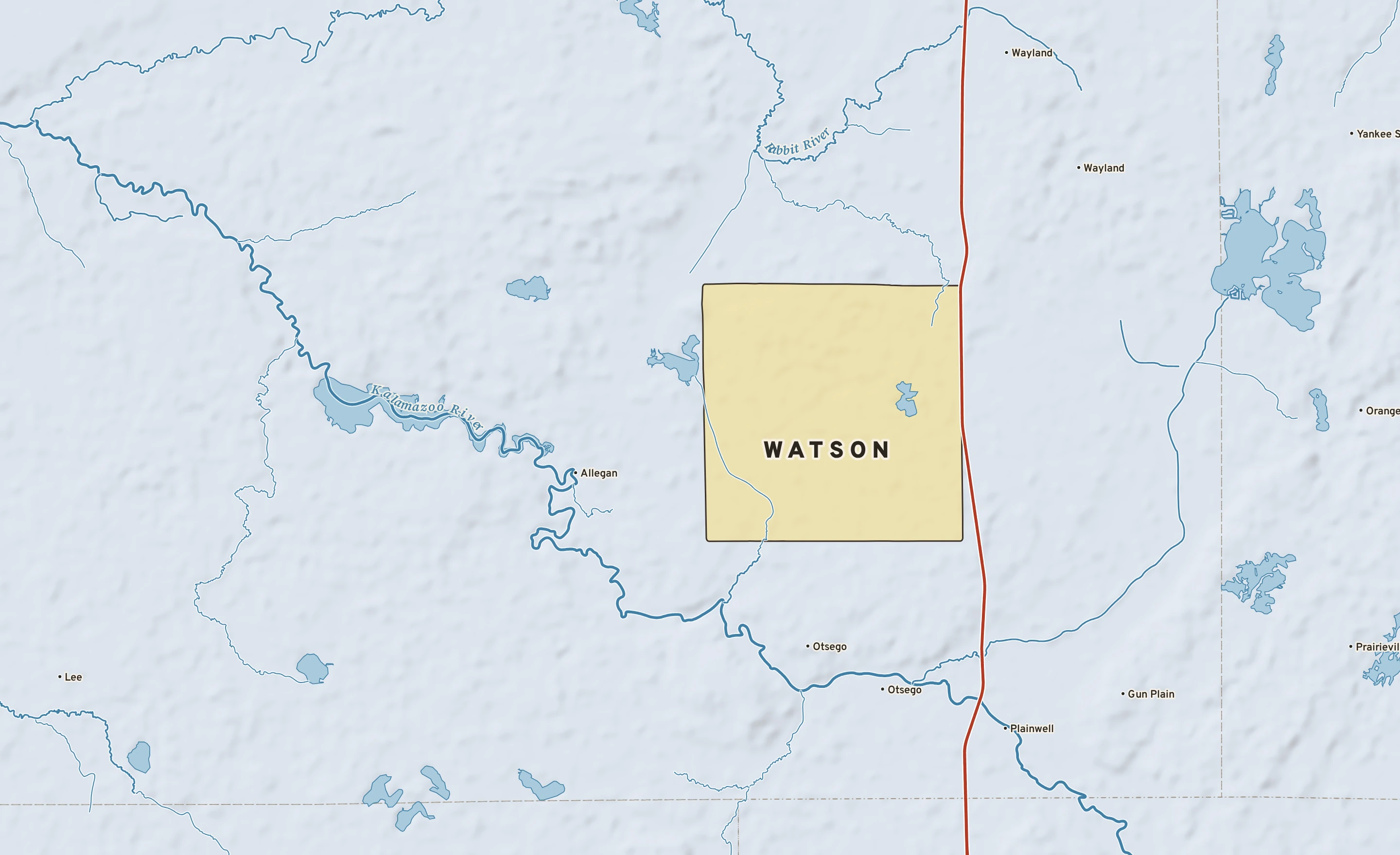 Shaded-relief atlas plate of Watson, Michigan: rivers, roads, the city limits and where the water drains.