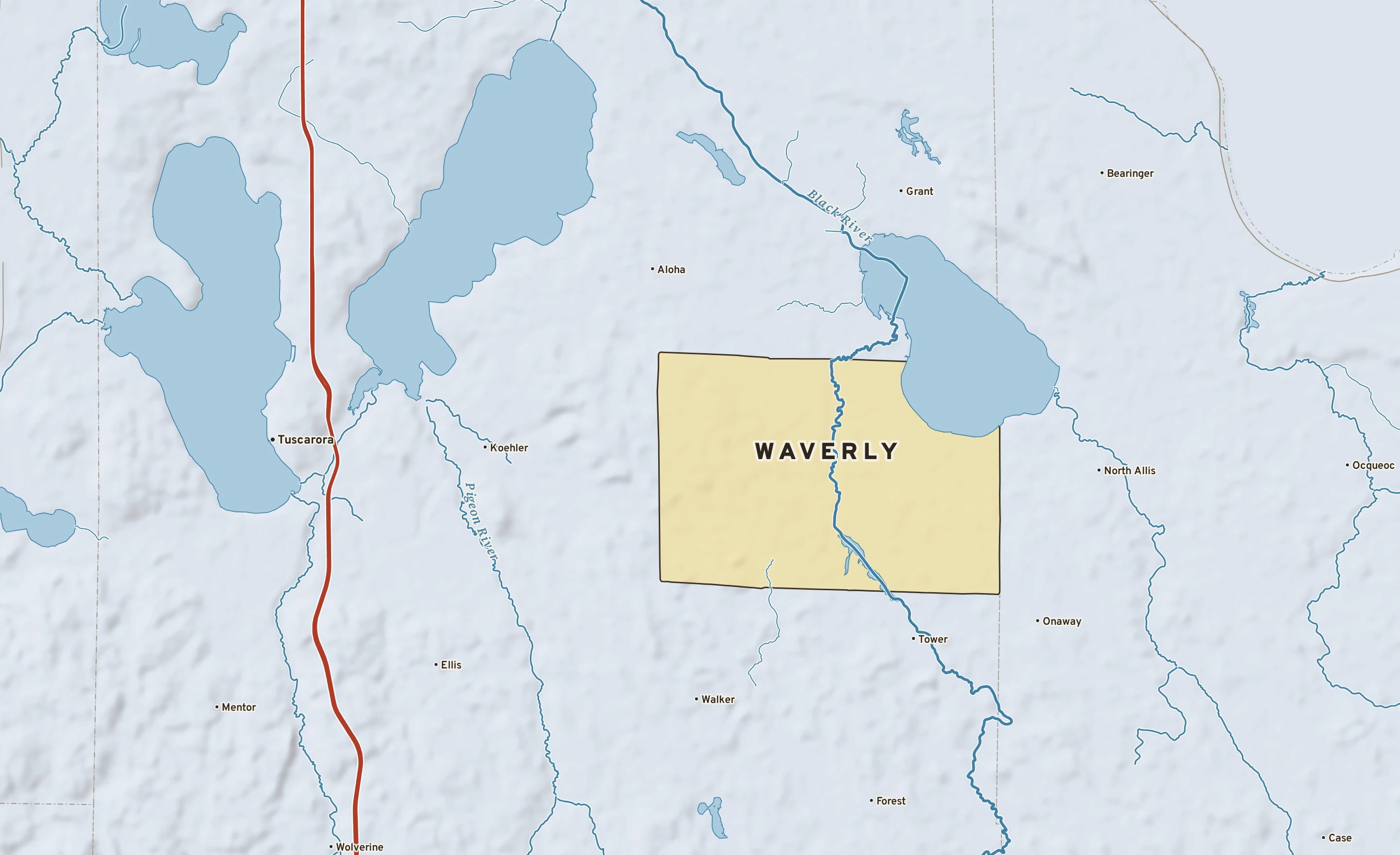 Shaded-relief atlas plate of Waverly, Michigan: rivers, roads, the city limits and where the water drains.
