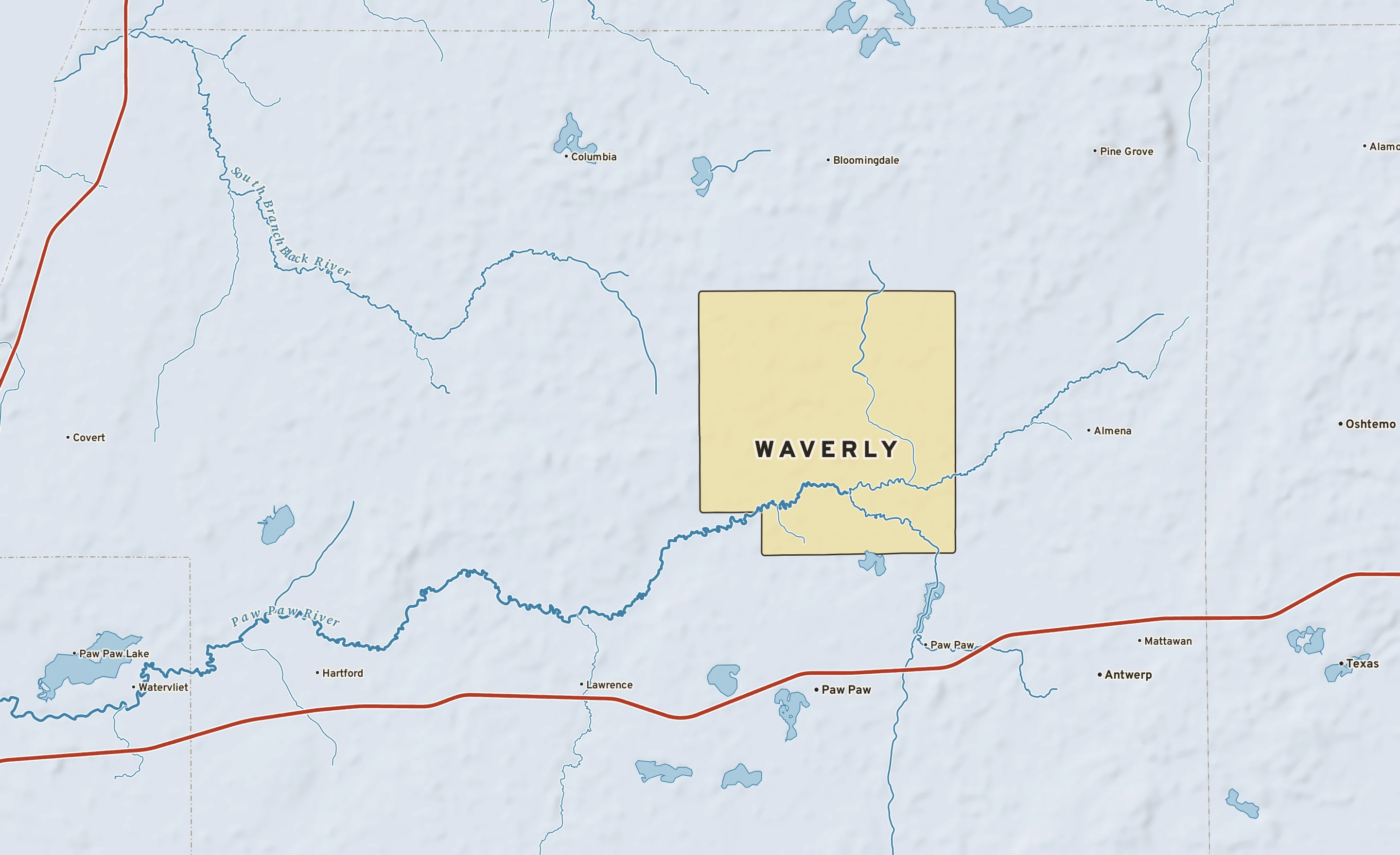 Shaded-relief atlas plate of Waverly, Michigan: rivers, roads, the city limits and where the water drains.