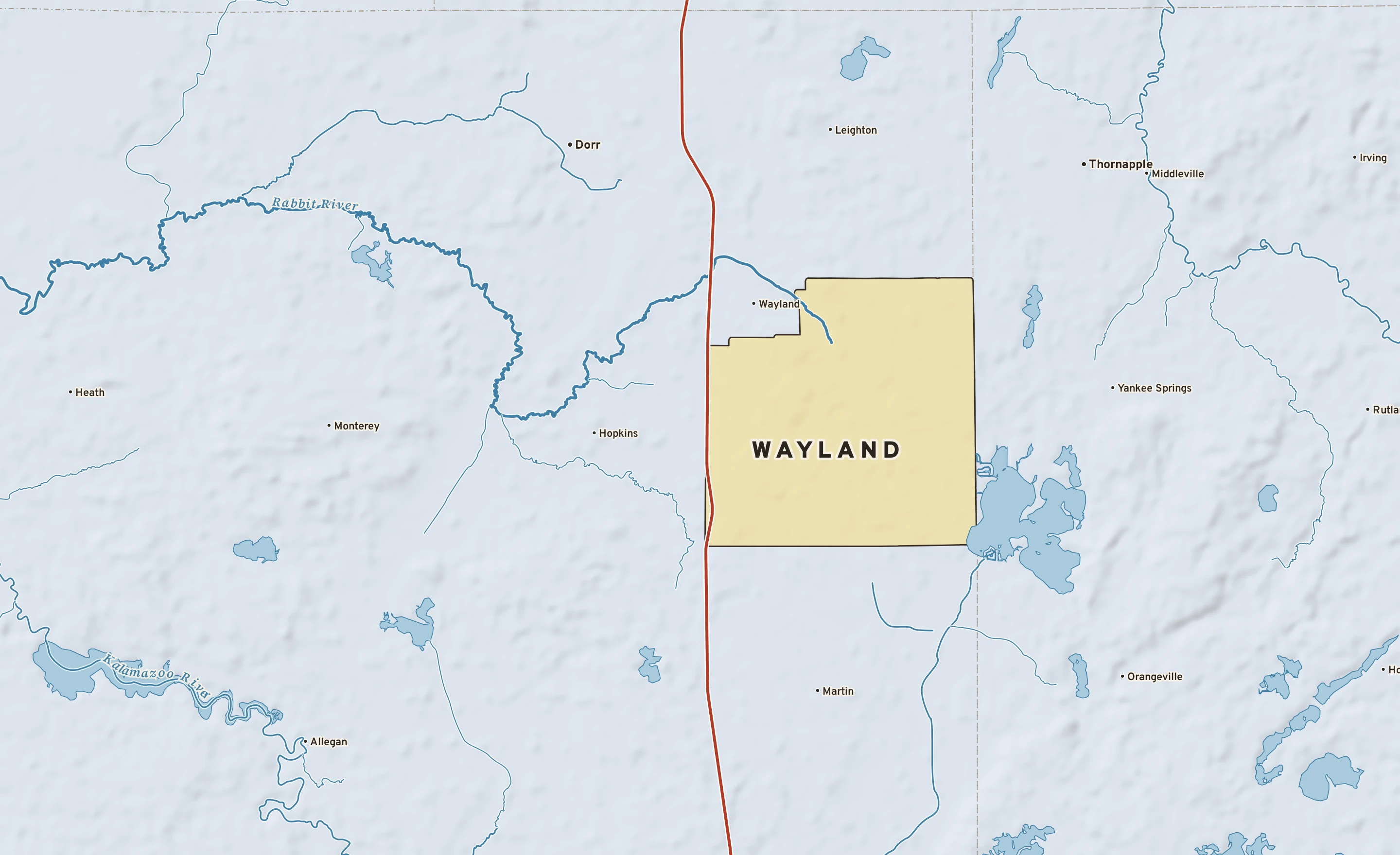 Shaded-relief atlas plate of Wayland, Michigan: rivers, roads, the city limits and where the water drains.