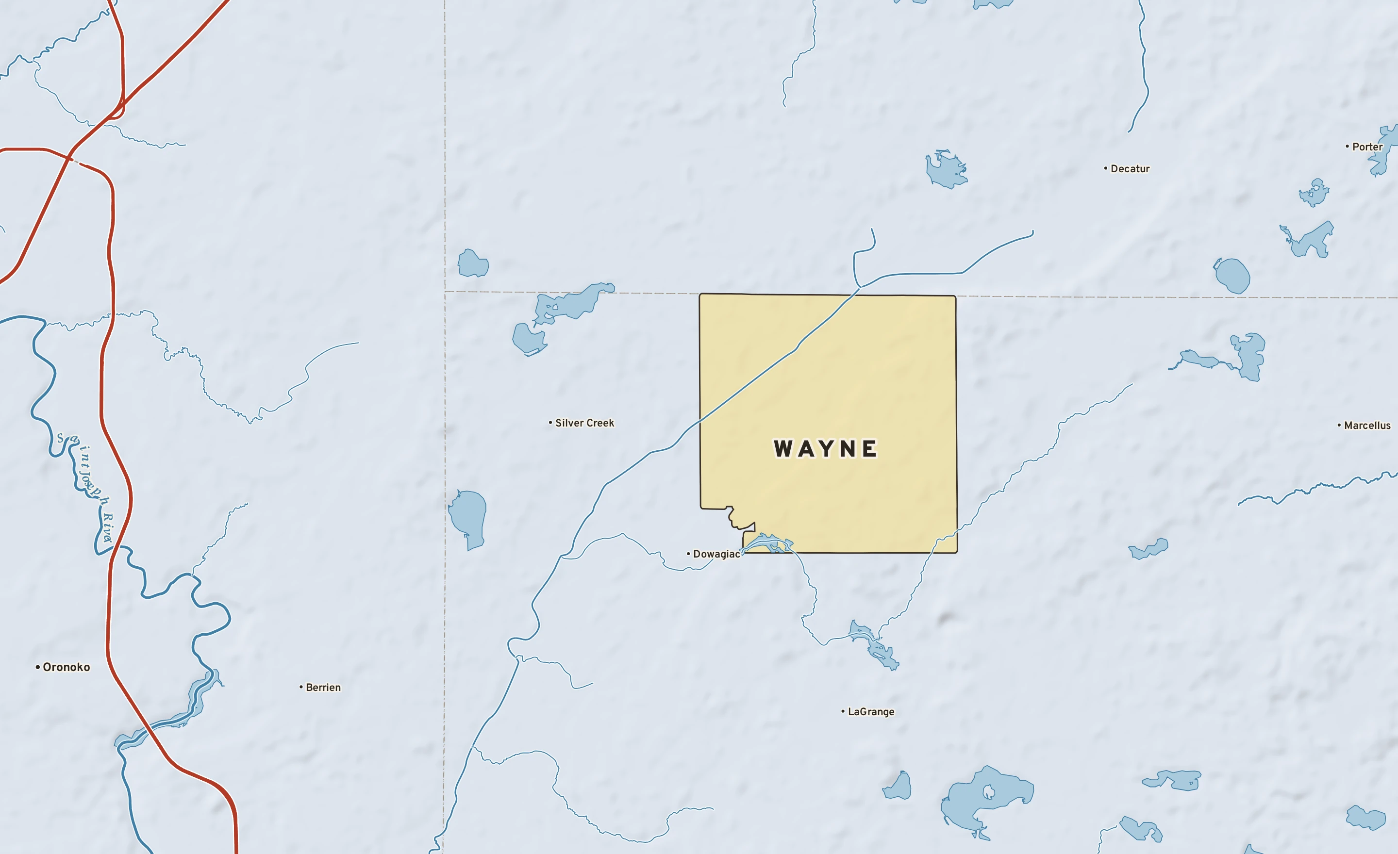 Shaded-relief atlas plate of Wayne, Michigan: rivers, roads, the city limits and where the water drains.