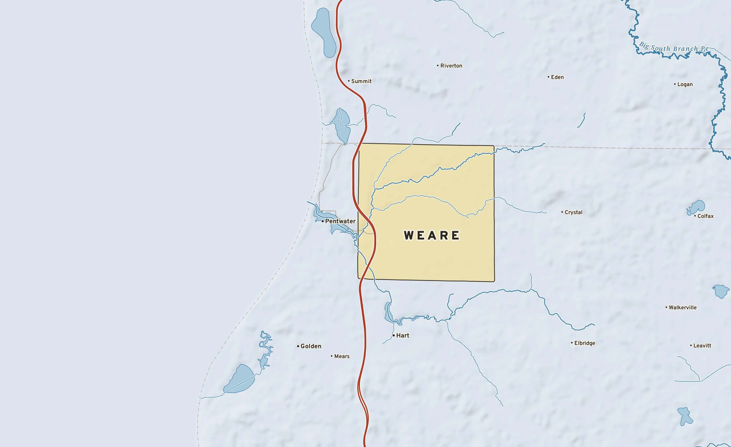 Shaded-relief atlas plate of Weare, Michigan: rivers, roads, the city limits and where the water drains.