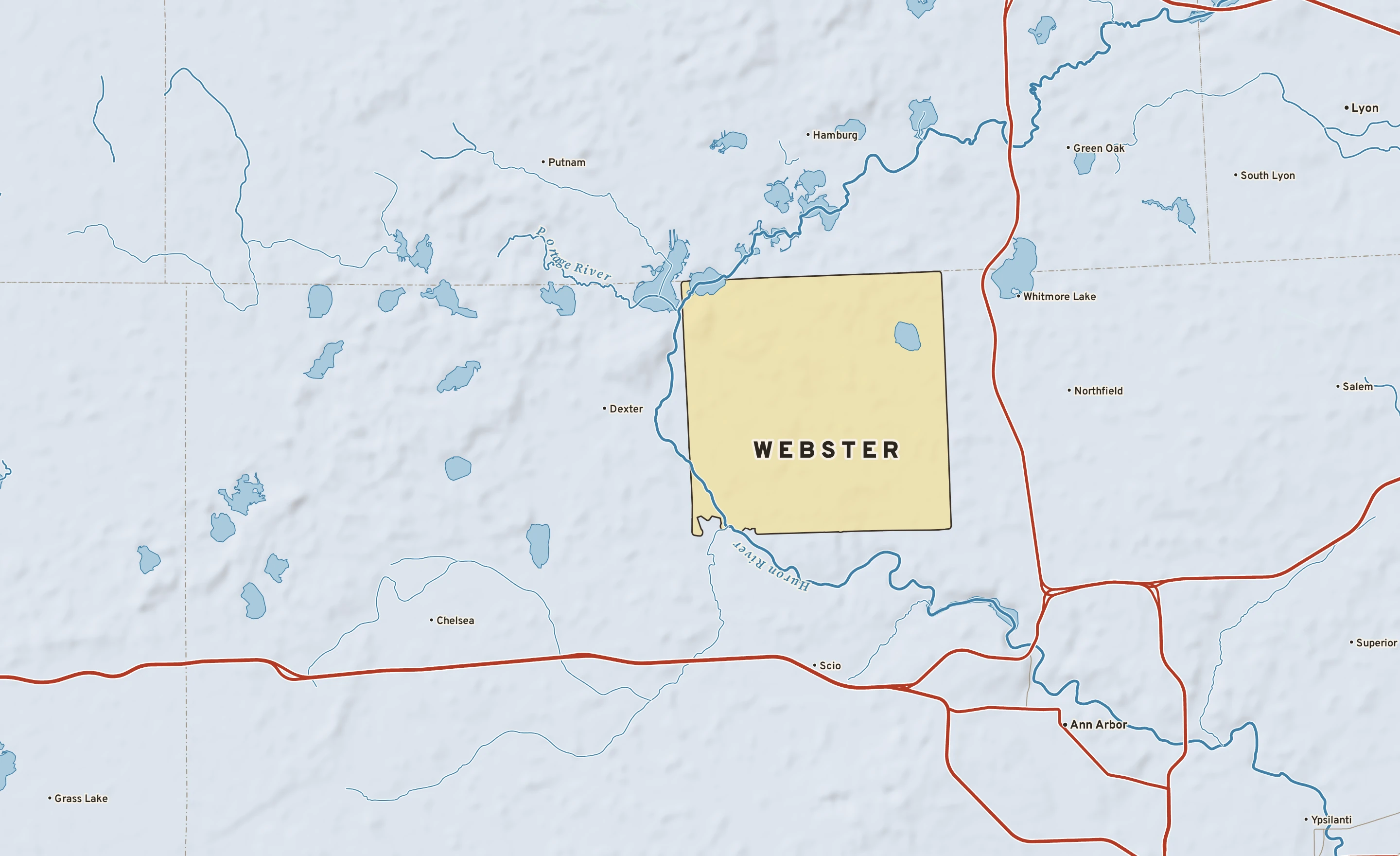 Shaded-relief atlas plate of Webster, Michigan: rivers, roads, the city limits and where the water drains.