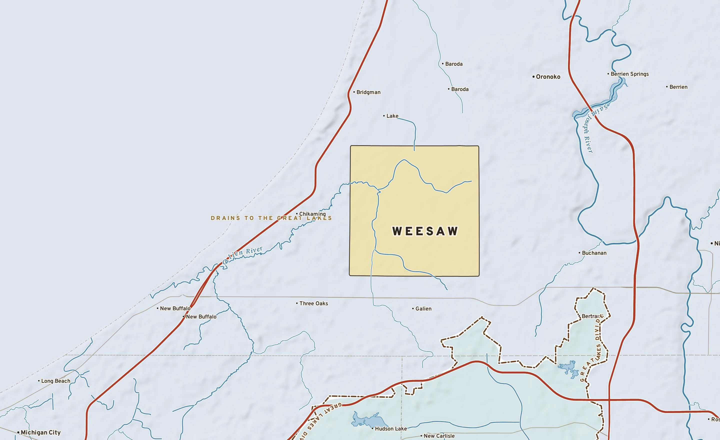 Shaded-relief atlas plate of Weesaw, Michigan: rivers, roads, the city limits and where the water drains.