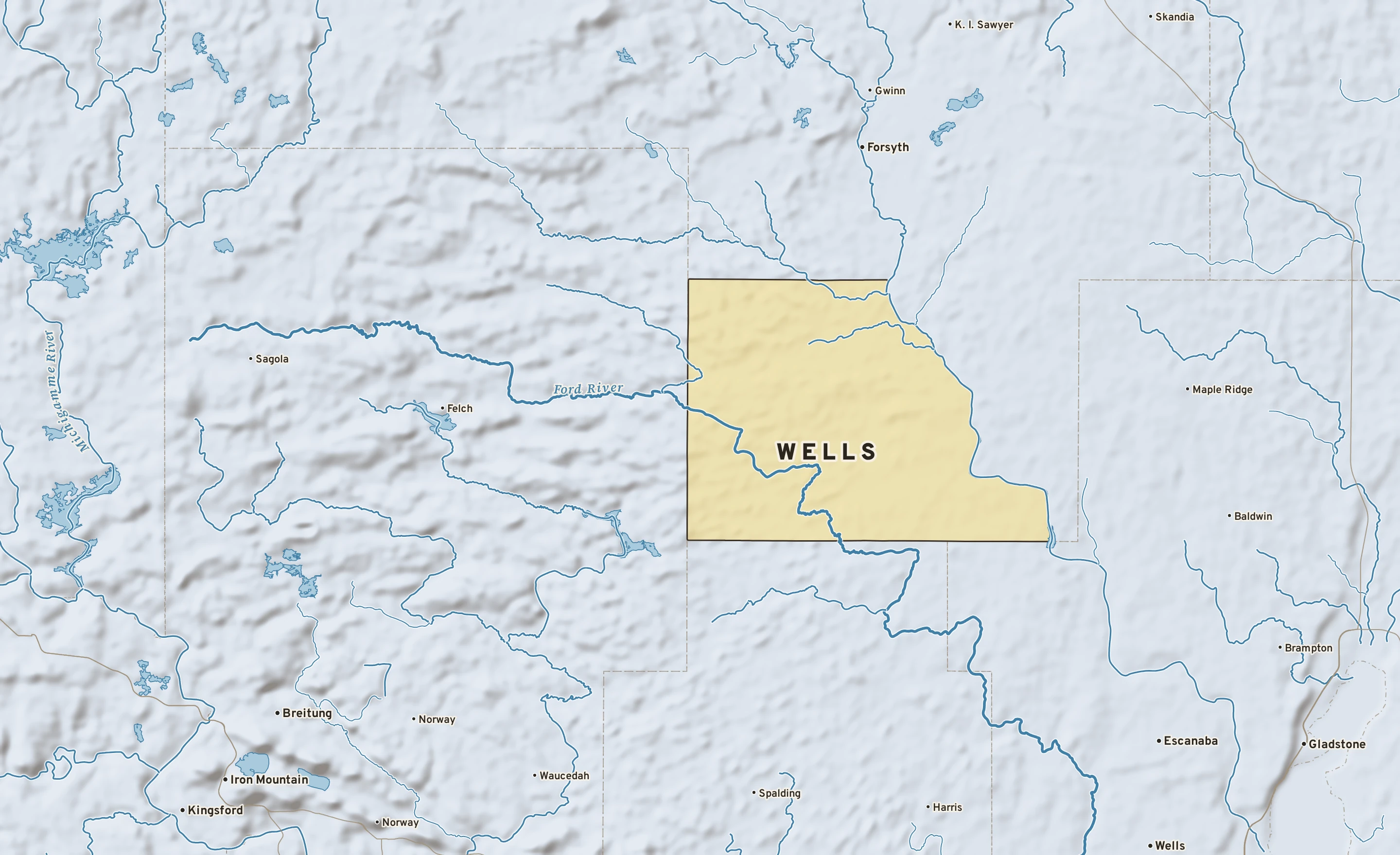 Shaded-relief atlas plate of Wells, Michigan: rivers, roads, the city limits and where the water drains.