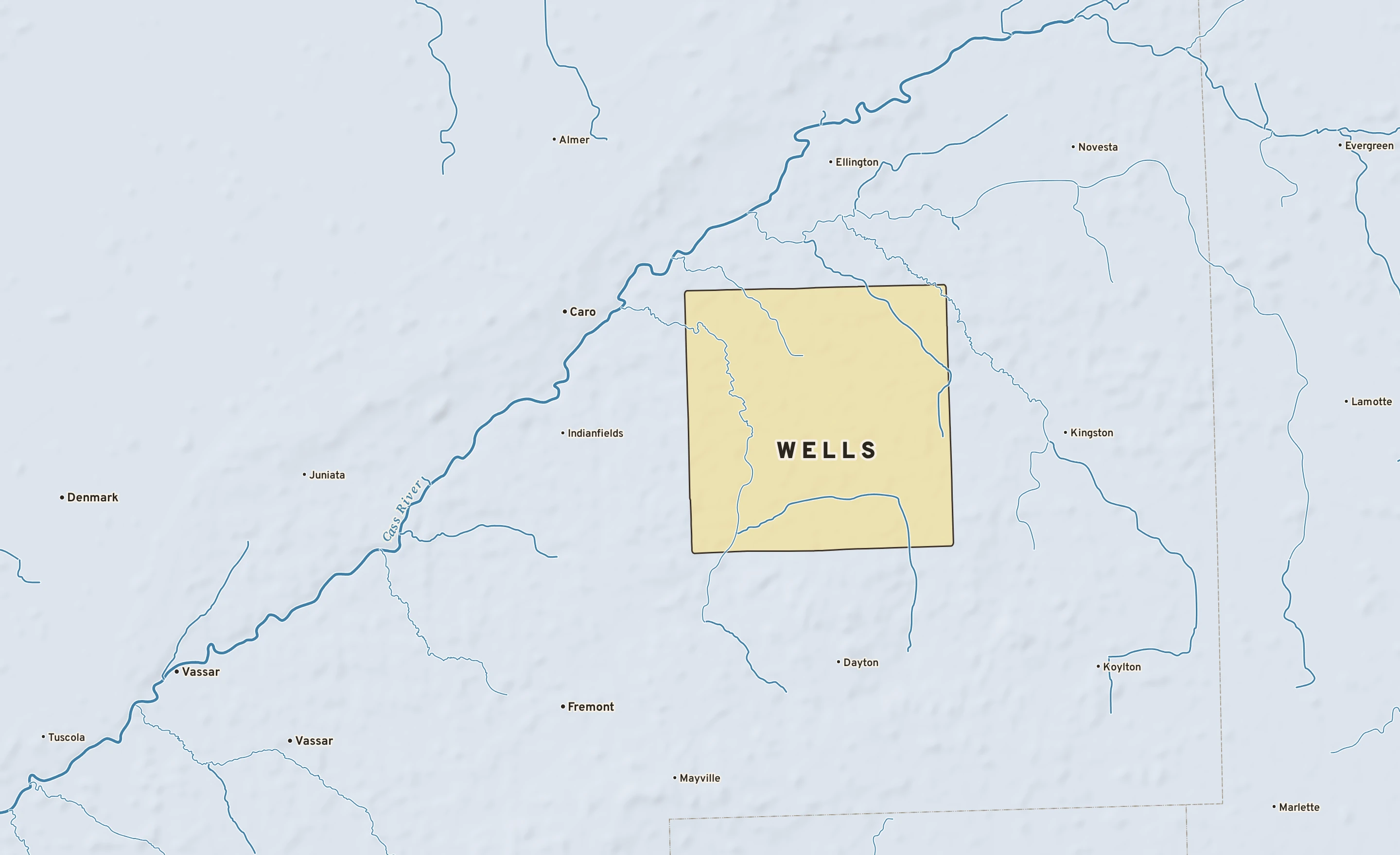 Shaded-relief atlas plate of Wells, Michigan: rivers, roads, the city limits and where the water drains.