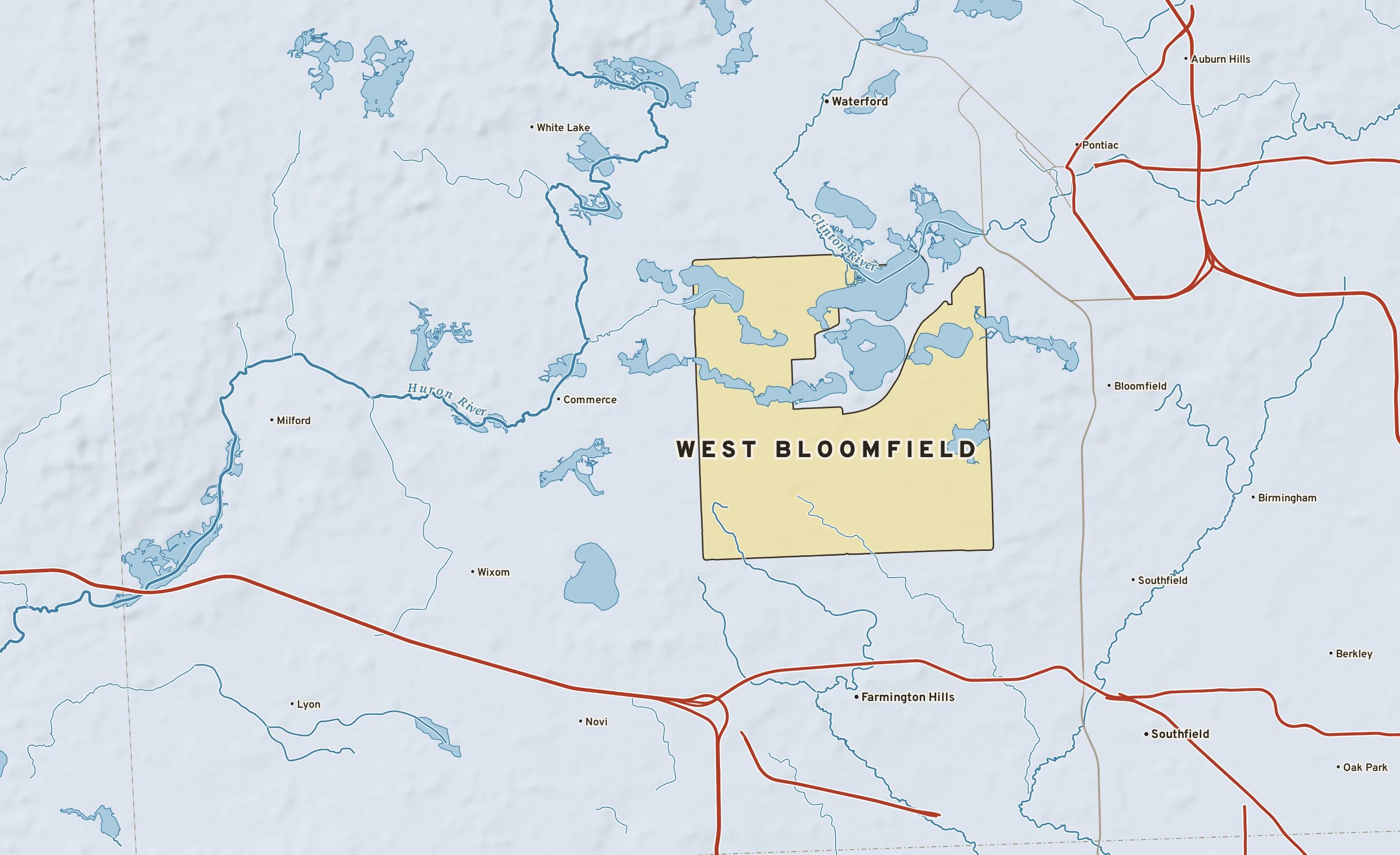Shaded-relief atlas plate of West Bloomfield, Michigan: rivers, roads, the city limits and where the water drains.