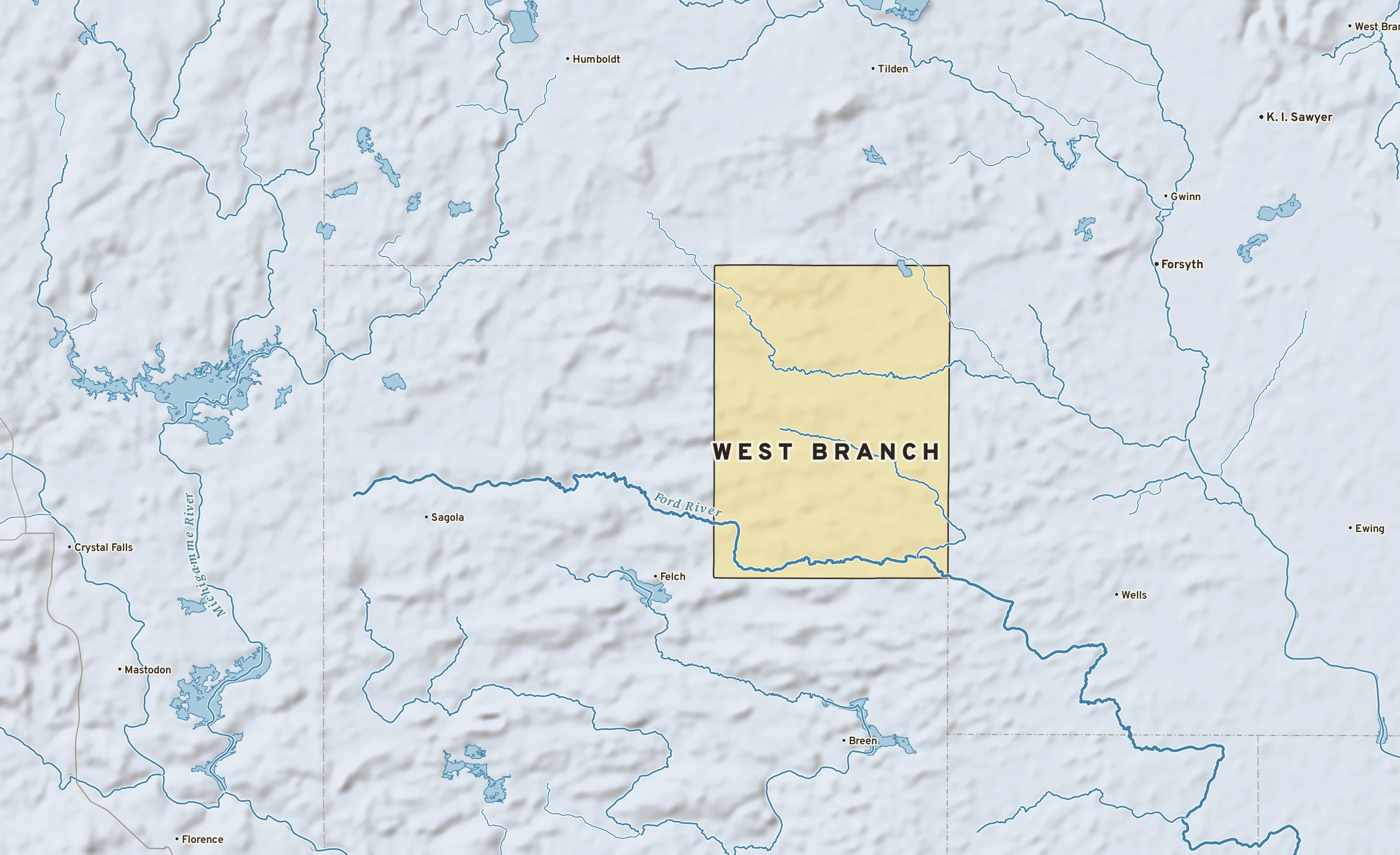 Shaded-relief atlas plate of West Branch, Michigan: rivers, roads, the city limits and where the water drains.