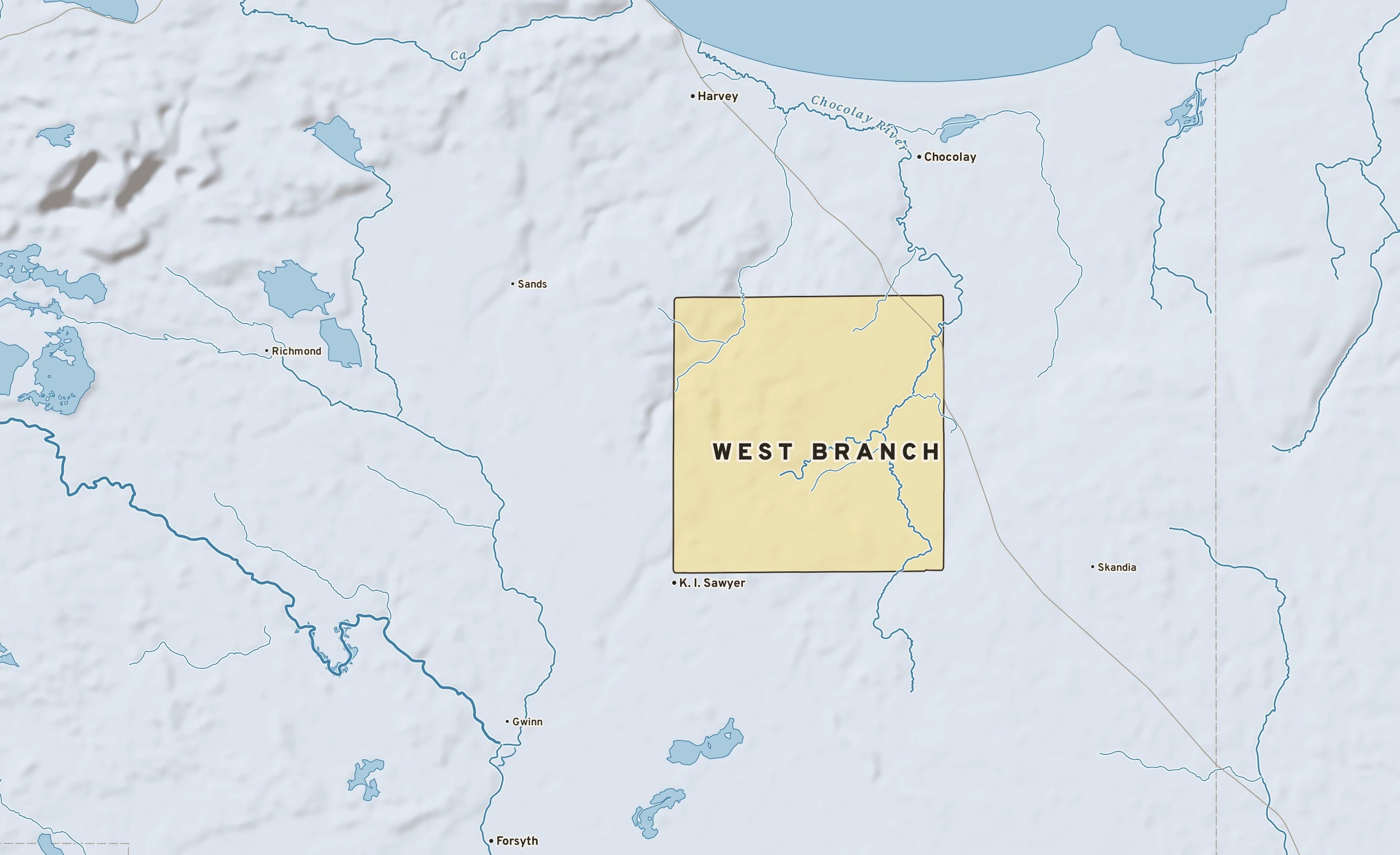 Shaded-relief atlas plate of West Branch, Michigan: rivers, roads, the city limits and where the water drains.