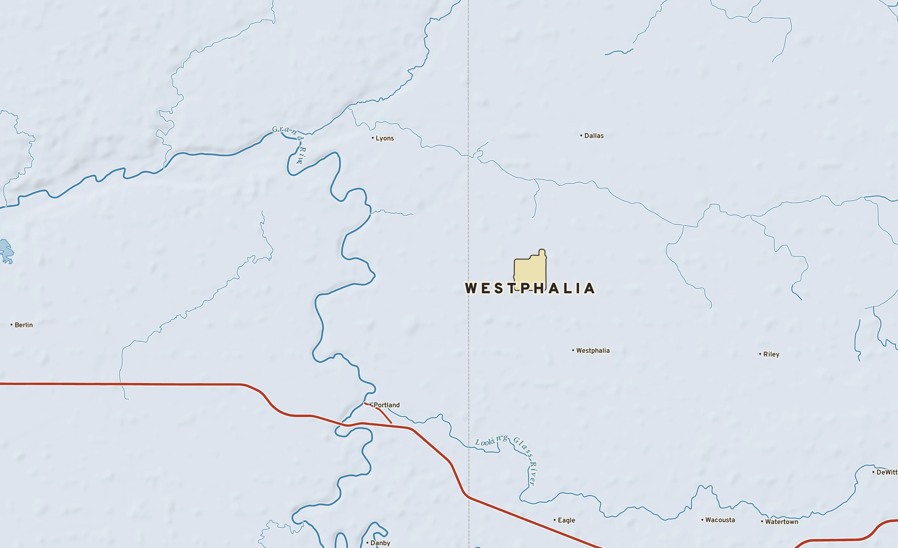 Shaded-relief atlas plate of Westphalia, Michigan: rivers, roads, the city limits and where the water drains.