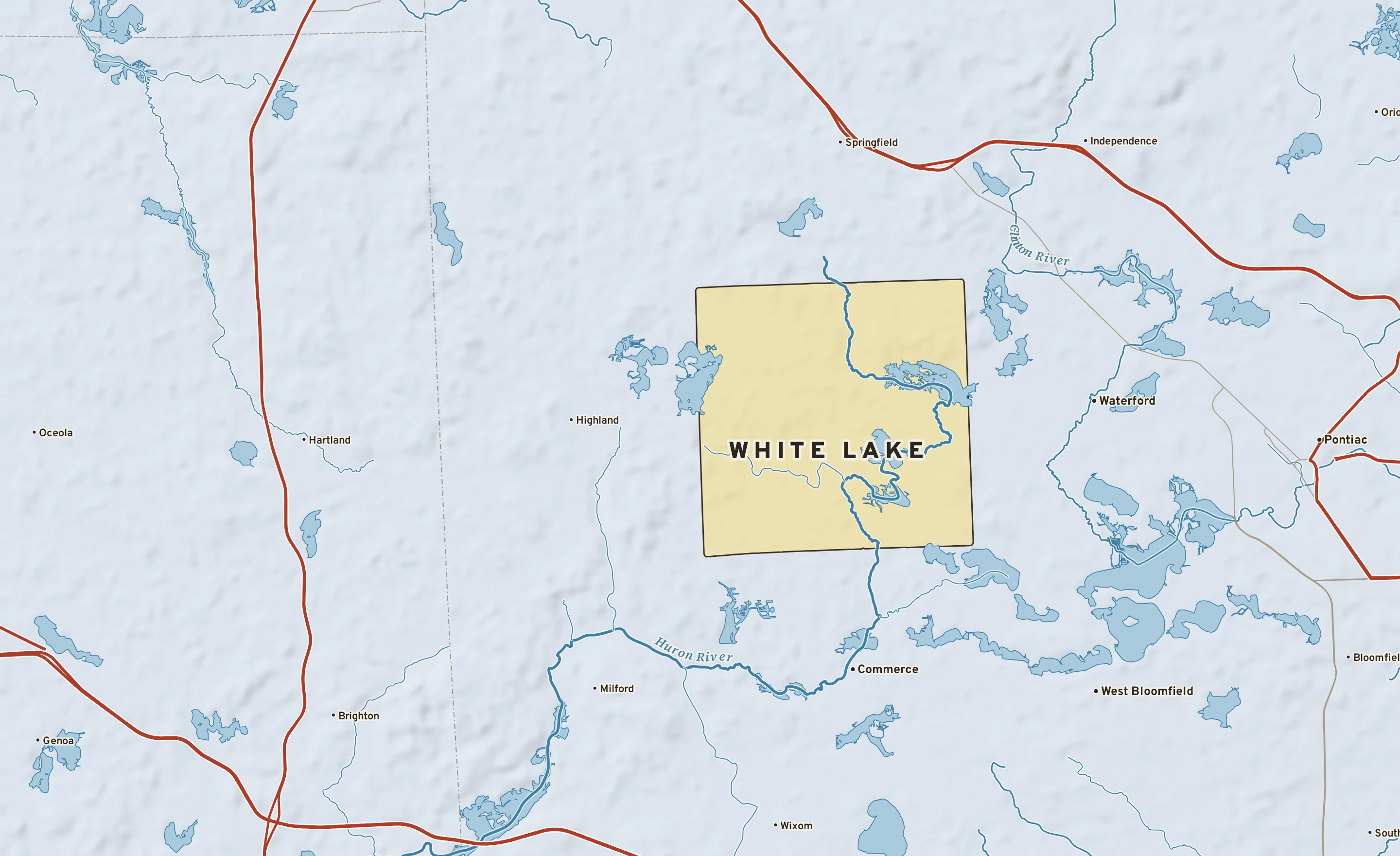 Shaded-relief atlas plate of White Lake, Michigan: rivers, roads, the city limits and where the water drains.