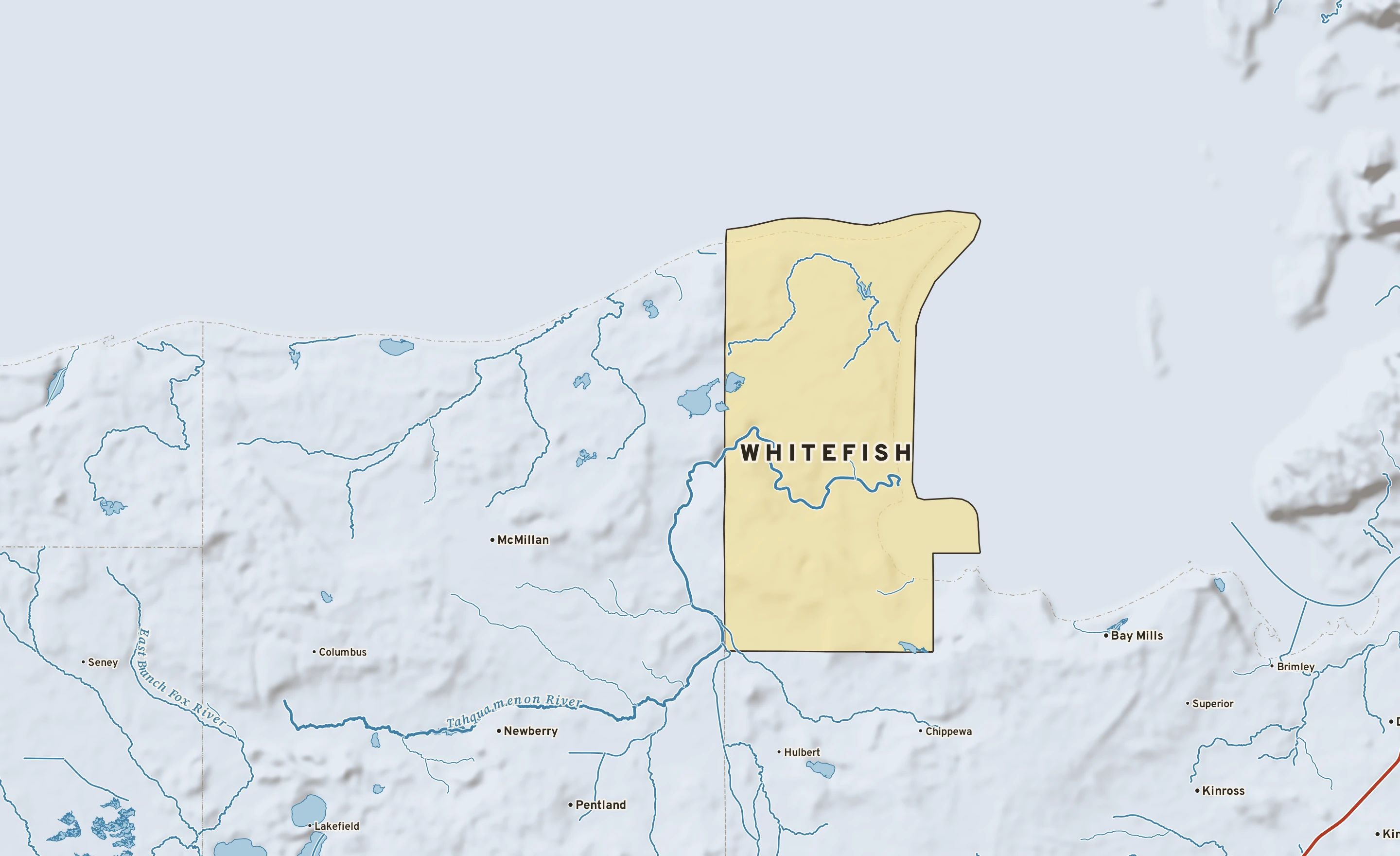 Shaded-relief atlas plate of Whitefish, Michigan: rivers, roads, the city limits and where the water drains.