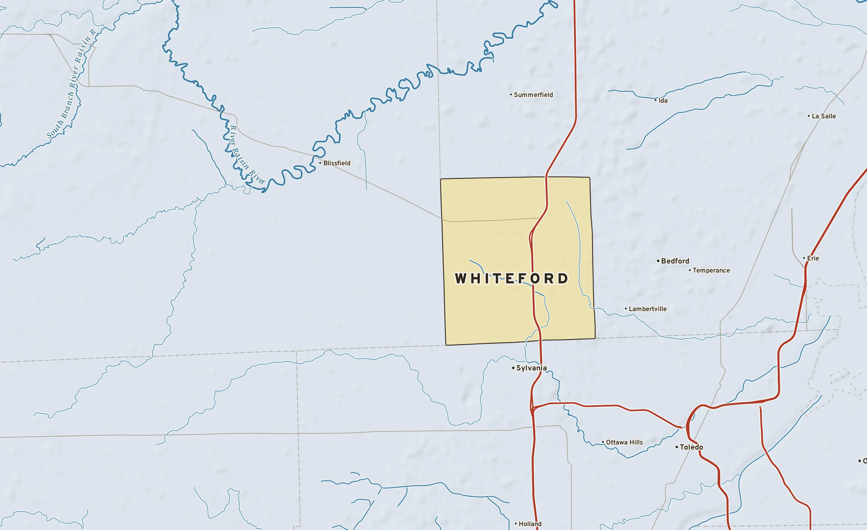 Shaded-relief atlas plate of Whiteford, Michigan: rivers, roads, the city limits and where the water drains.
