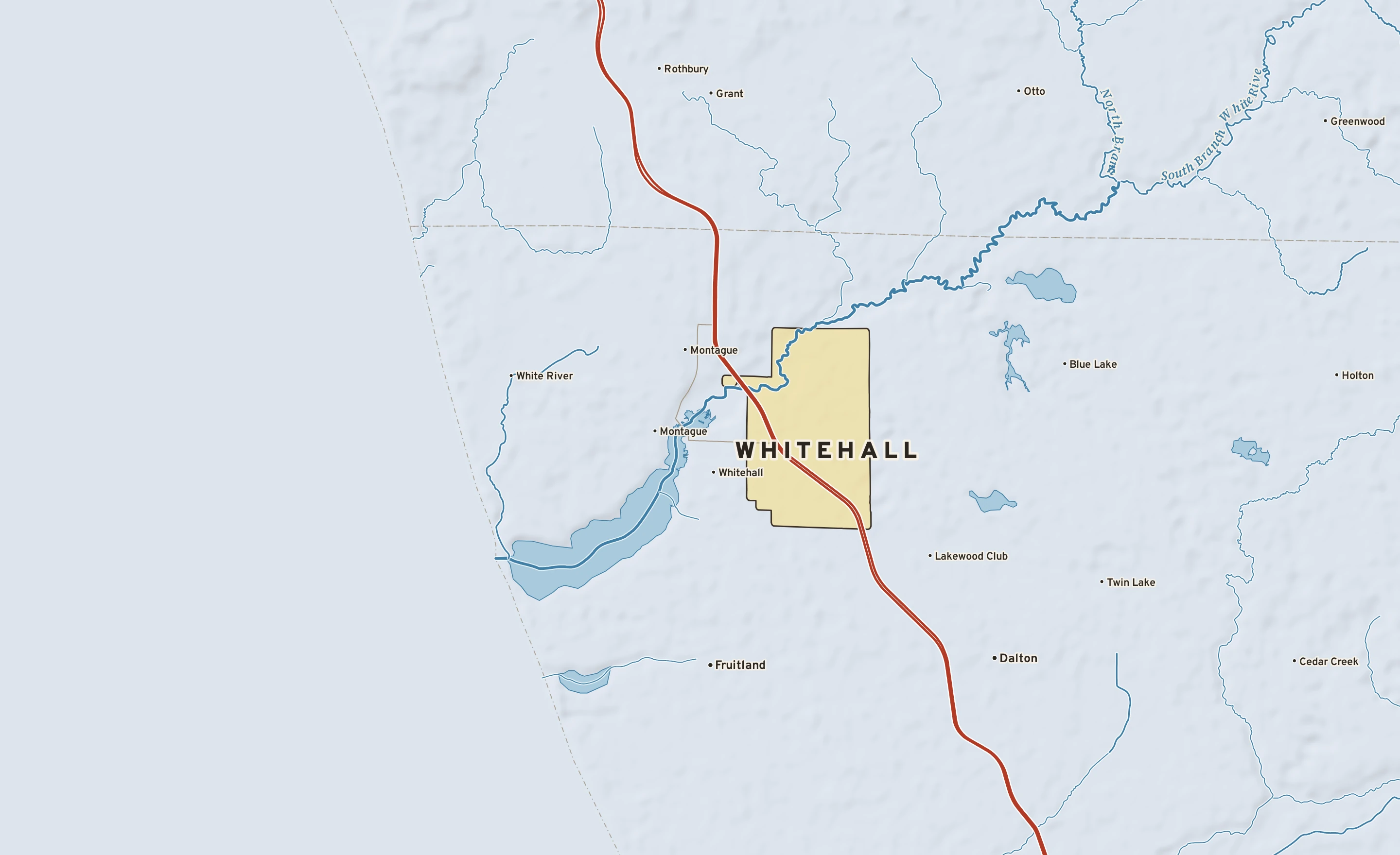 Shaded-relief atlas plate of Whitehall, Michigan: rivers, roads, the city limits and where the water drains.
