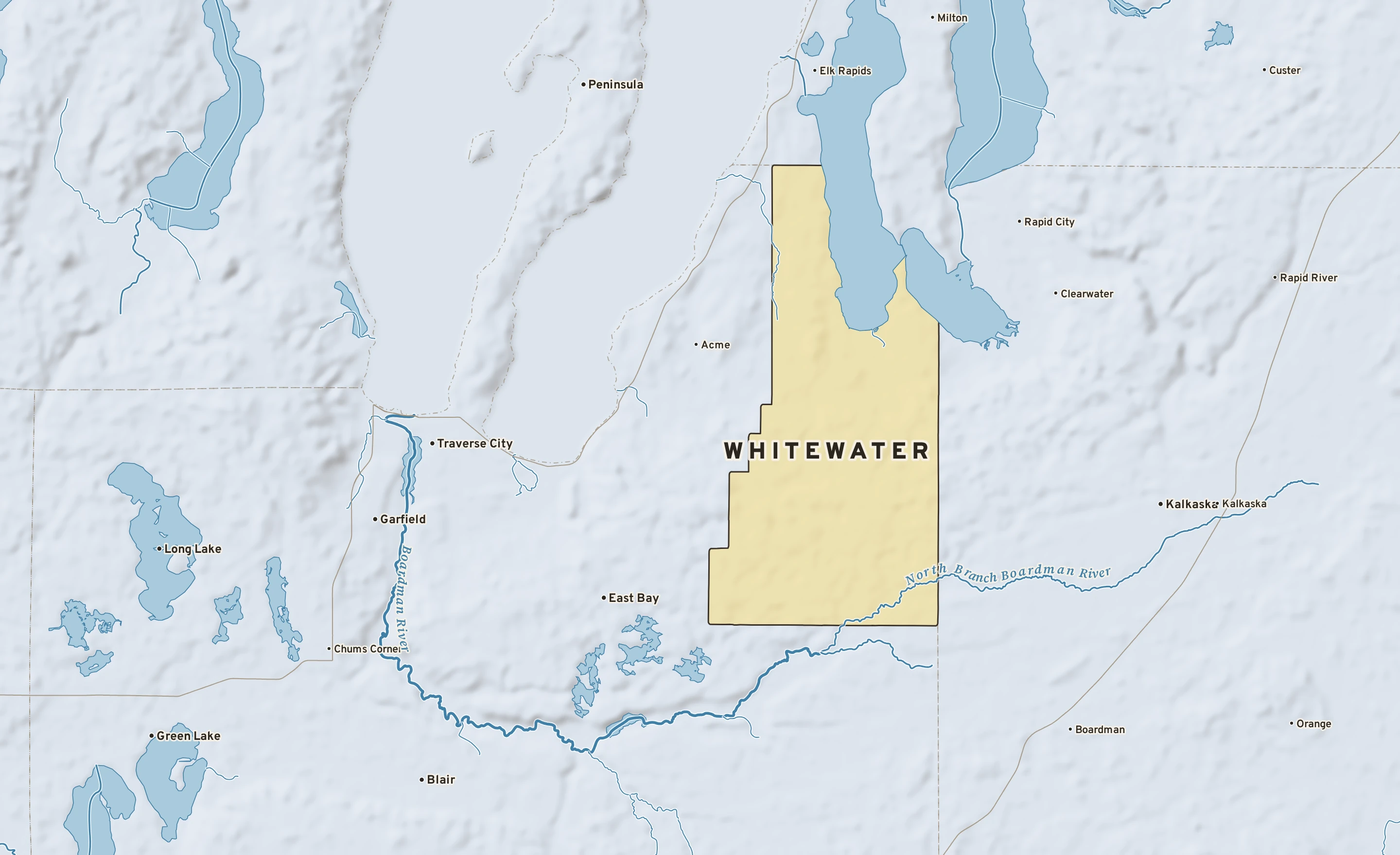 Shaded-relief atlas plate of Whitewater, Michigan: rivers, roads, the city limits and where the water drains.