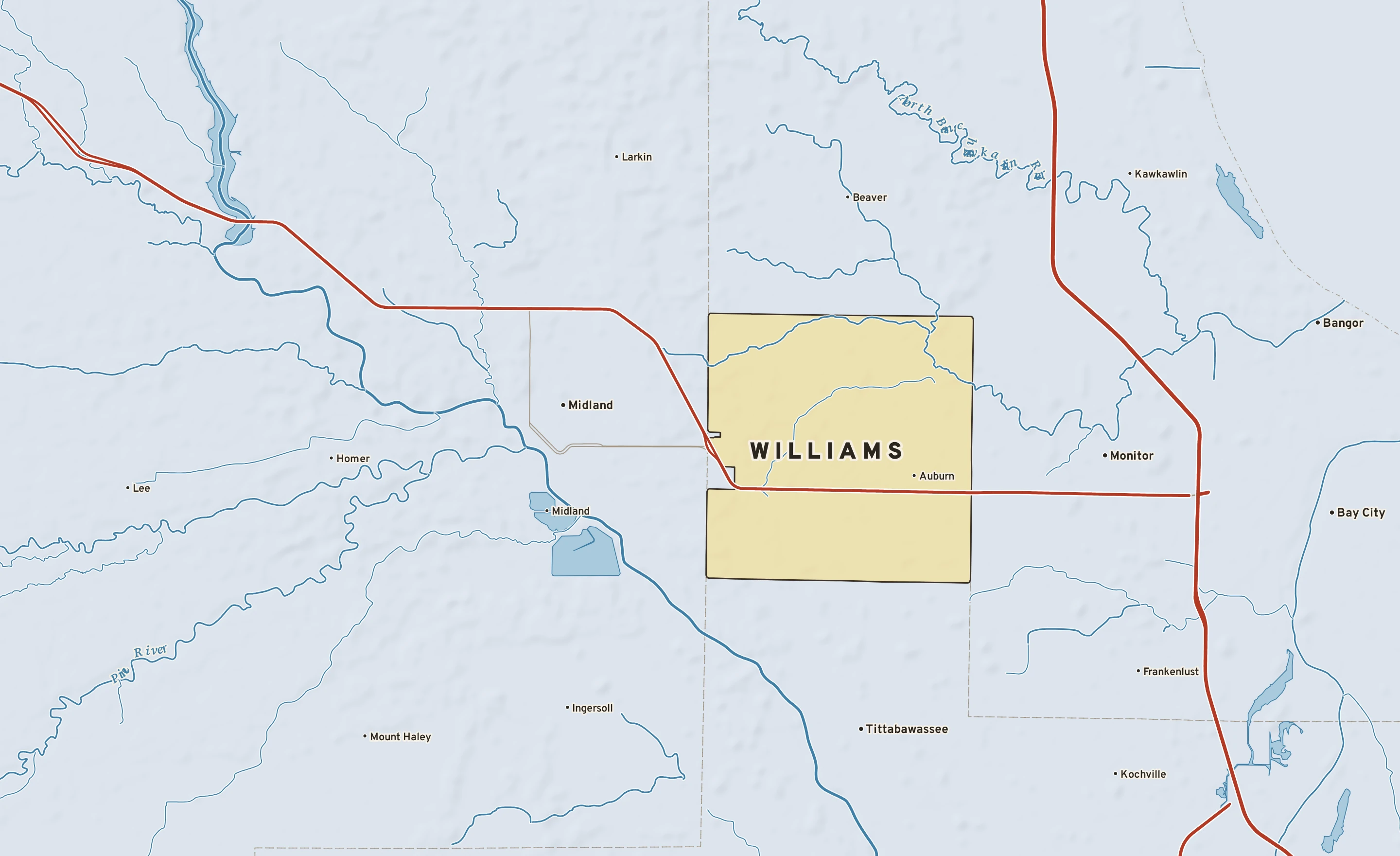 Shaded-relief atlas plate of Williams, Michigan: rivers, roads, the city limits and where the water drains.