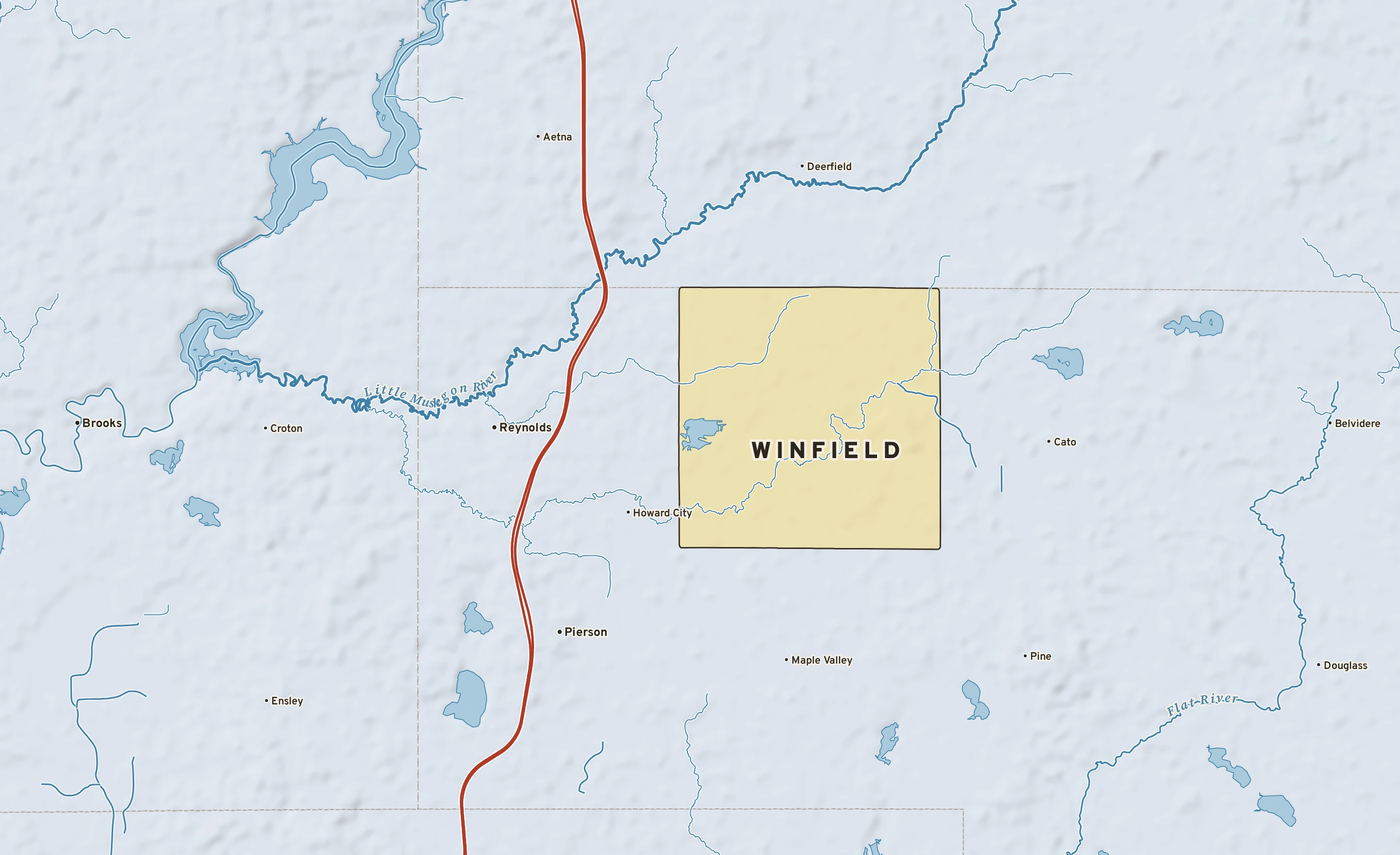 Shaded-relief atlas plate of Winfield, Michigan: rivers, roads, the city limits and where the water drains.