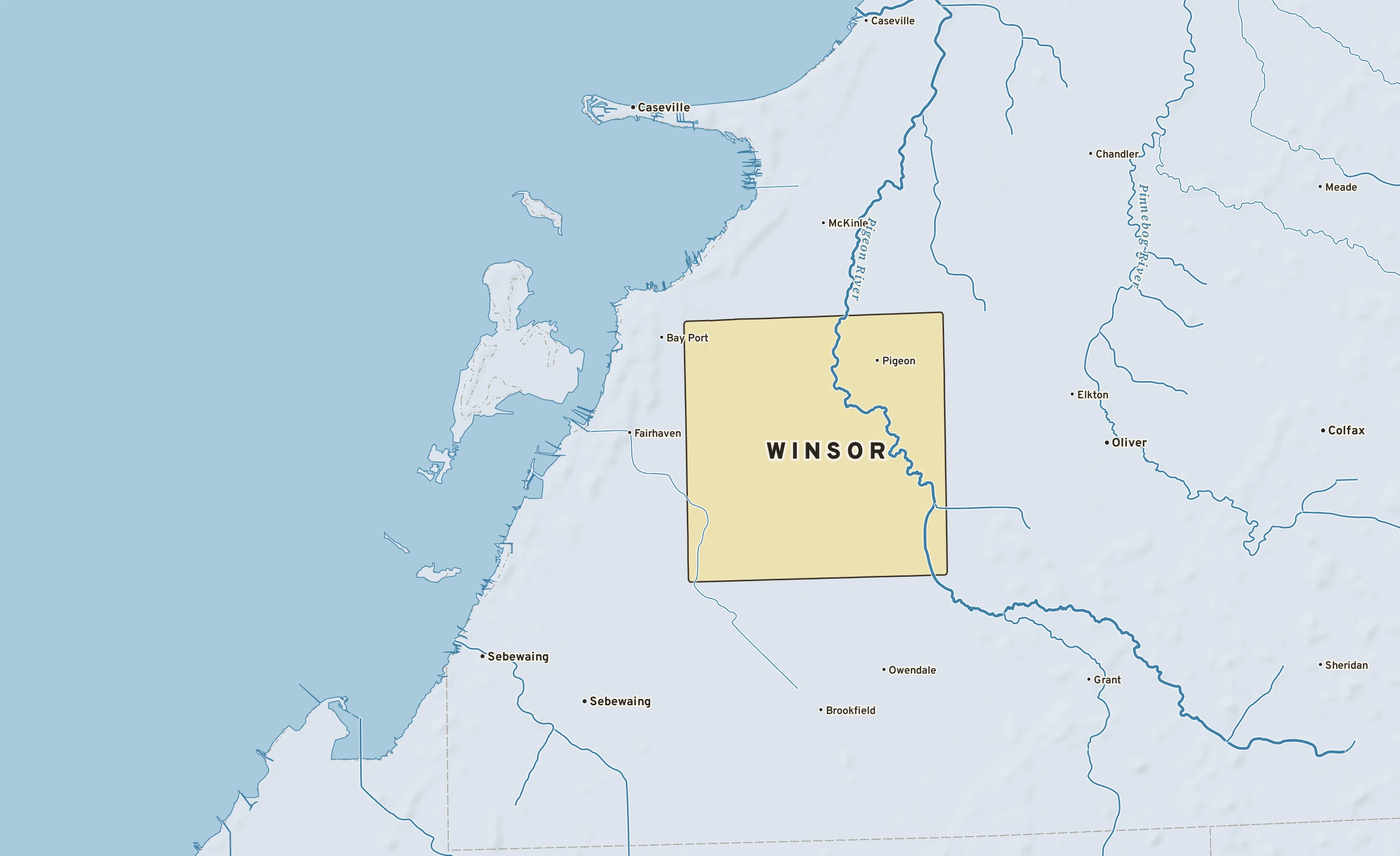 Shaded-relief atlas plate of Winsor, Michigan: rivers, roads, the city limits and where the water drains.