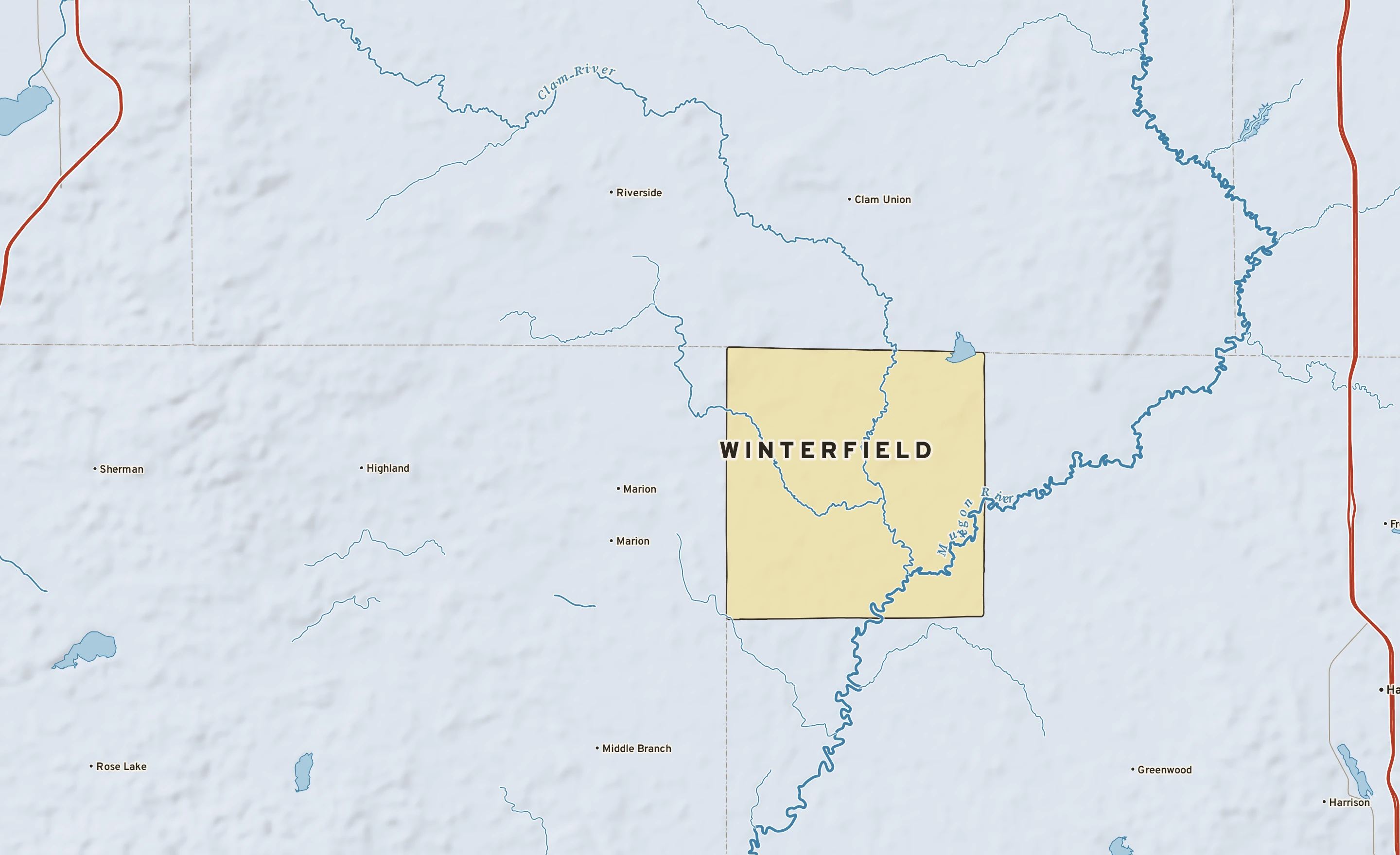 Shaded-relief atlas plate of Winterfield, Michigan: rivers, roads, the city limits and where the water drains.