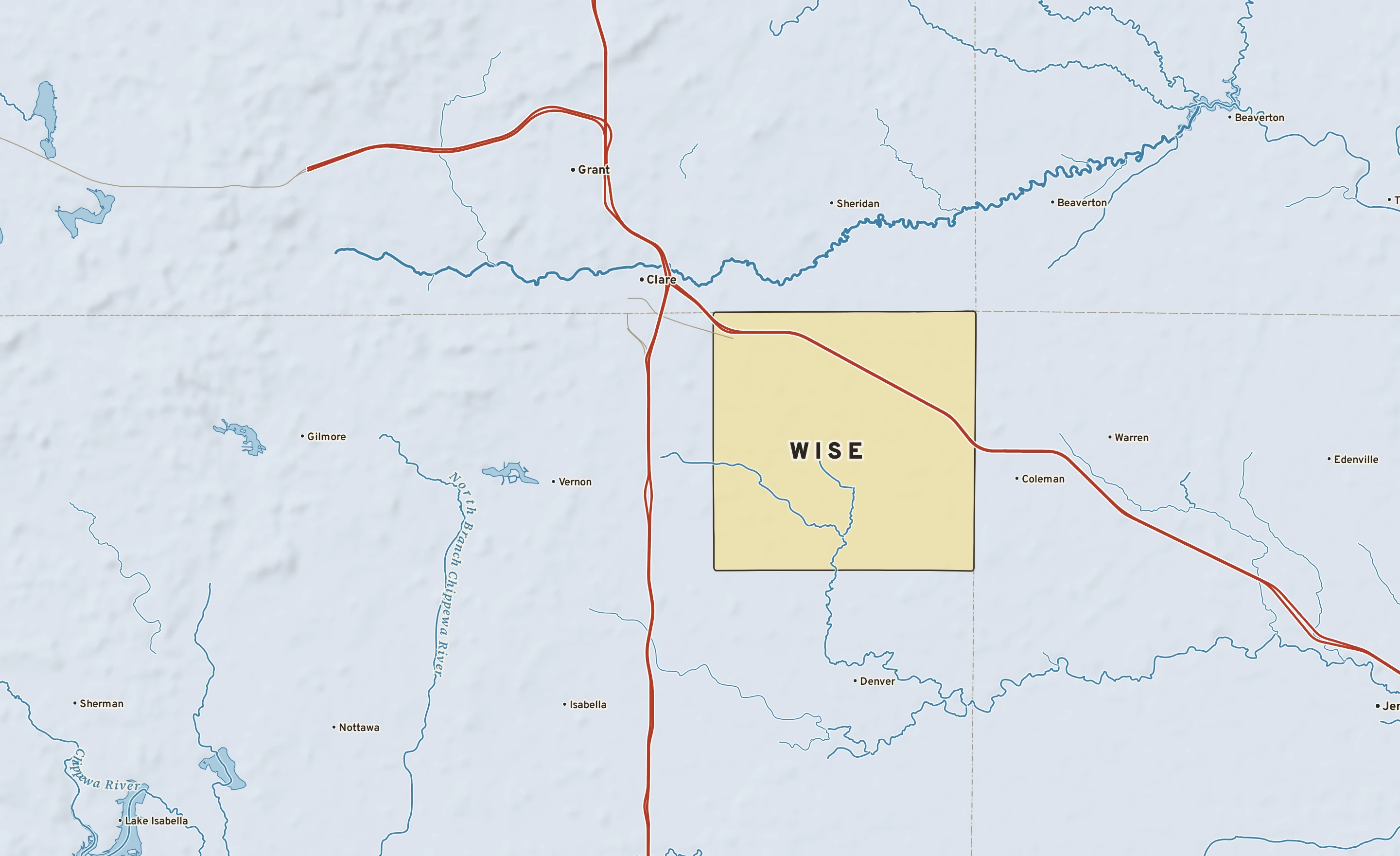 Shaded-relief atlas plate of Wise, Michigan: rivers, roads, the city limits and where the water drains.