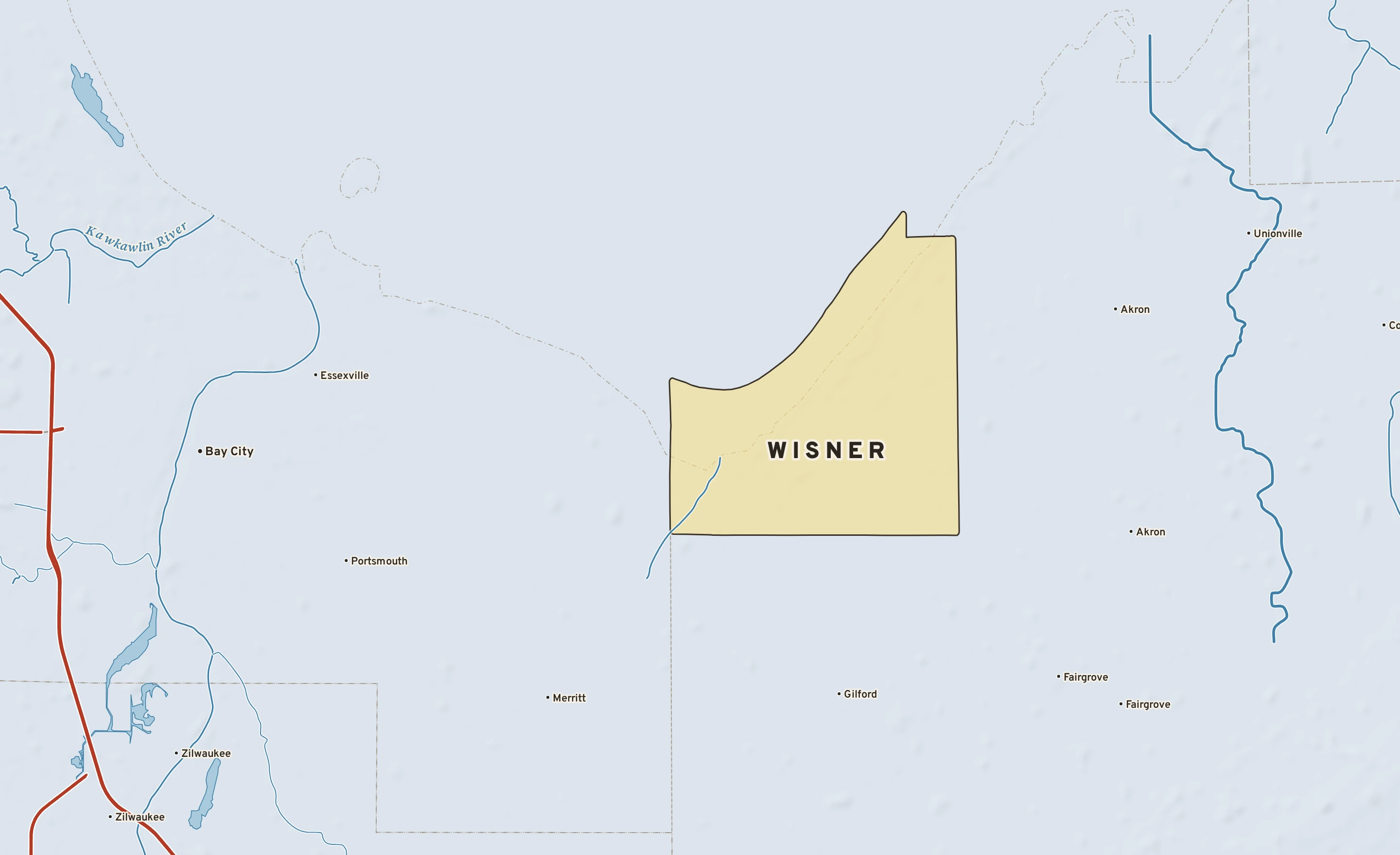 Shaded-relief atlas plate of Wisner, Michigan: rivers, roads, the city limits and where the water drains.