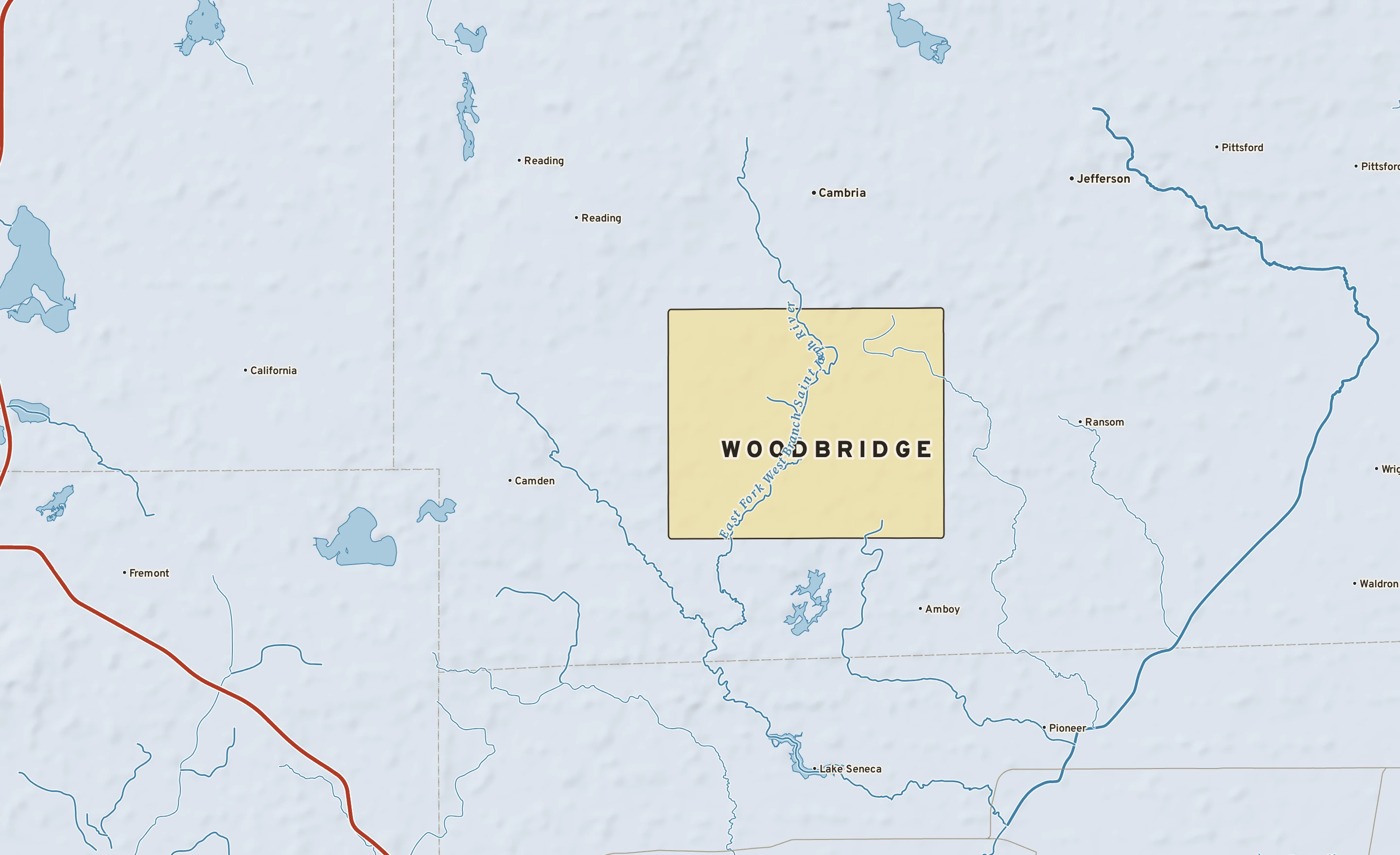 Shaded-relief atlas plate of Woodbridge, Michigan: rivers, roads, the city limits and where the water drains.